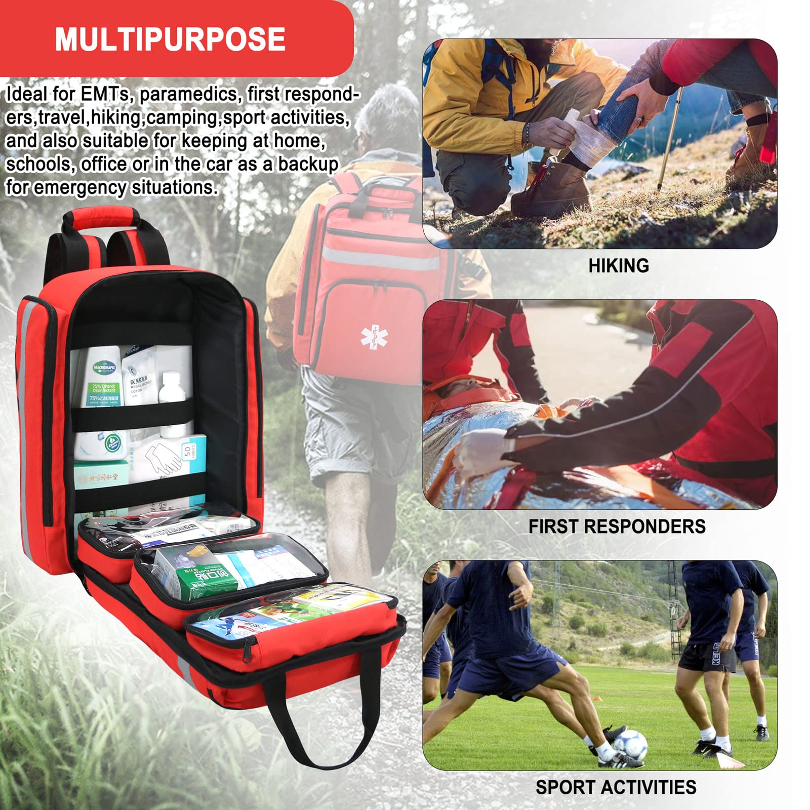 Mochila médica de Emergencia,Bolsa de Trauma de Primeros Auxilios con Reflectante,Bolsa de Mochila médica de Primeros Auxilios de Gran Capacidad(Rojo)