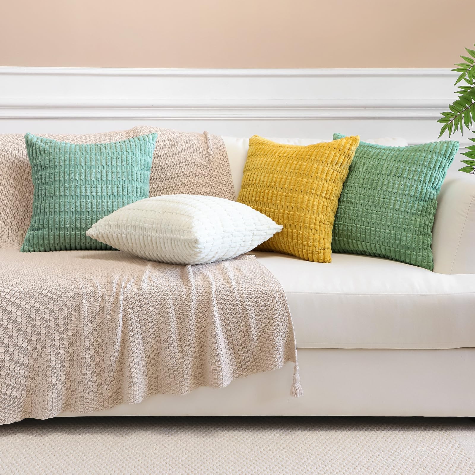 Sungeek Set of 4 Soft Corduroy Decorative Cushion Covers 50x50cm Square Striped Throw Pillow Covers for Sofa Couch Living Room Patio Farmhouse Boho Home Decor Pillowcases - Image 4