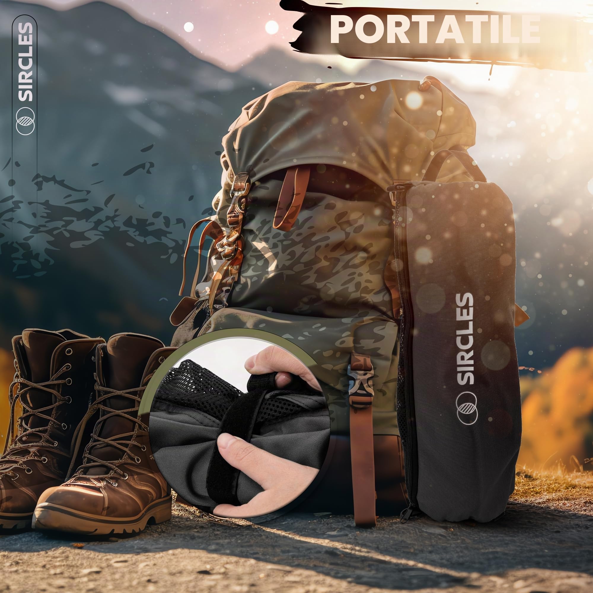 SIRCLES Sedia da campeggio portatile e girevole, installazione in 8 secondi, pieghevole in 5 secondi, ultraleggera e resistente, in lega di aeromobile, spaziosa, con 2 borse laterali, tessuto Oxford,