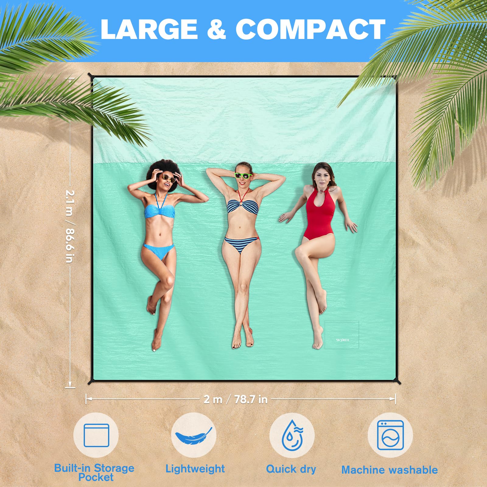 Stranddecke Sandfrei Super Groß 210x200 cm, Sanddicht Wasserdicht, Ultradünn Schnelltrocknend Tragbar Strandmatte, Leicht Weiches Bequemes Langlebiges Strandtuch, Grün