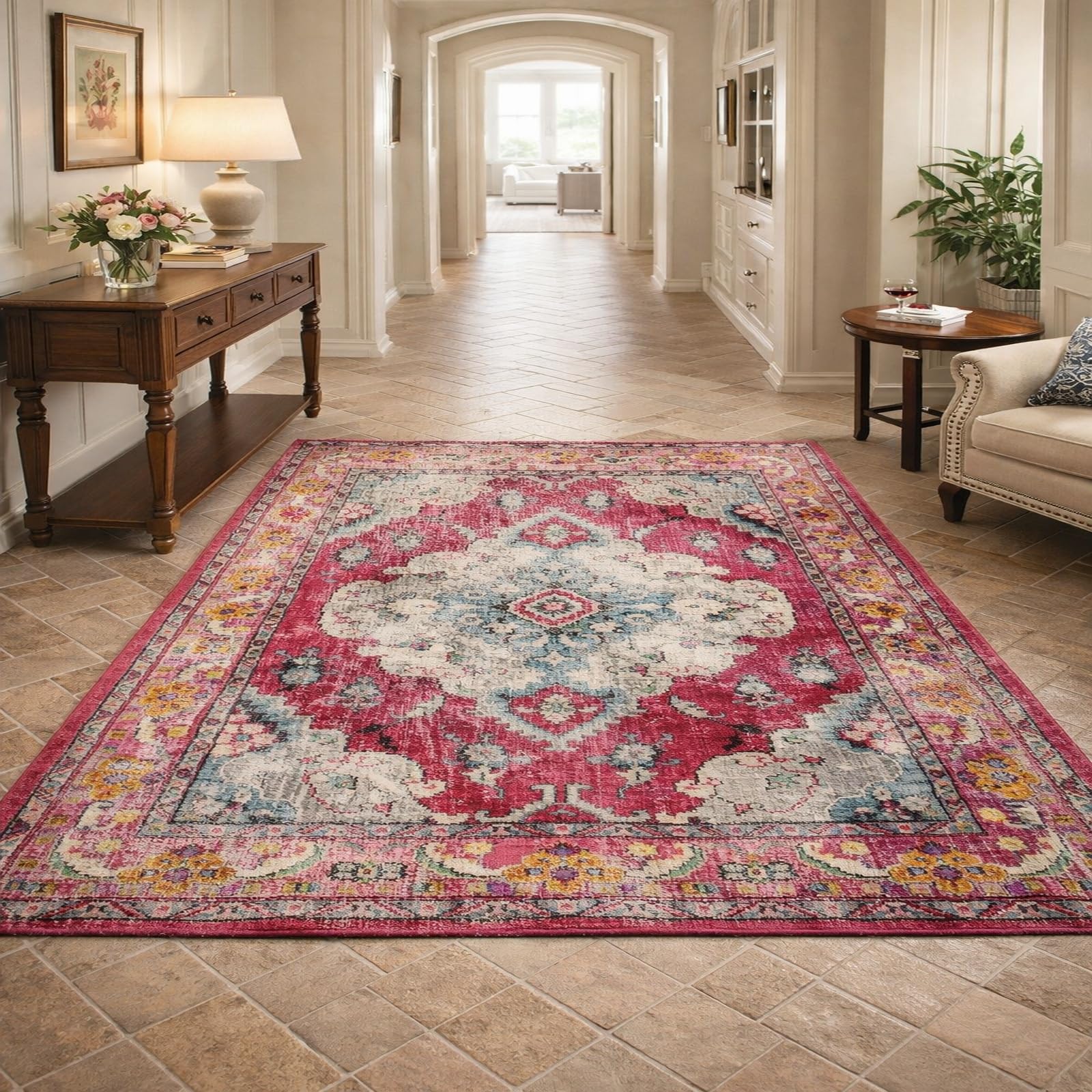 Tapis d'entrée vintage rouge et bleu 60x110 cm pour salon ou chambre