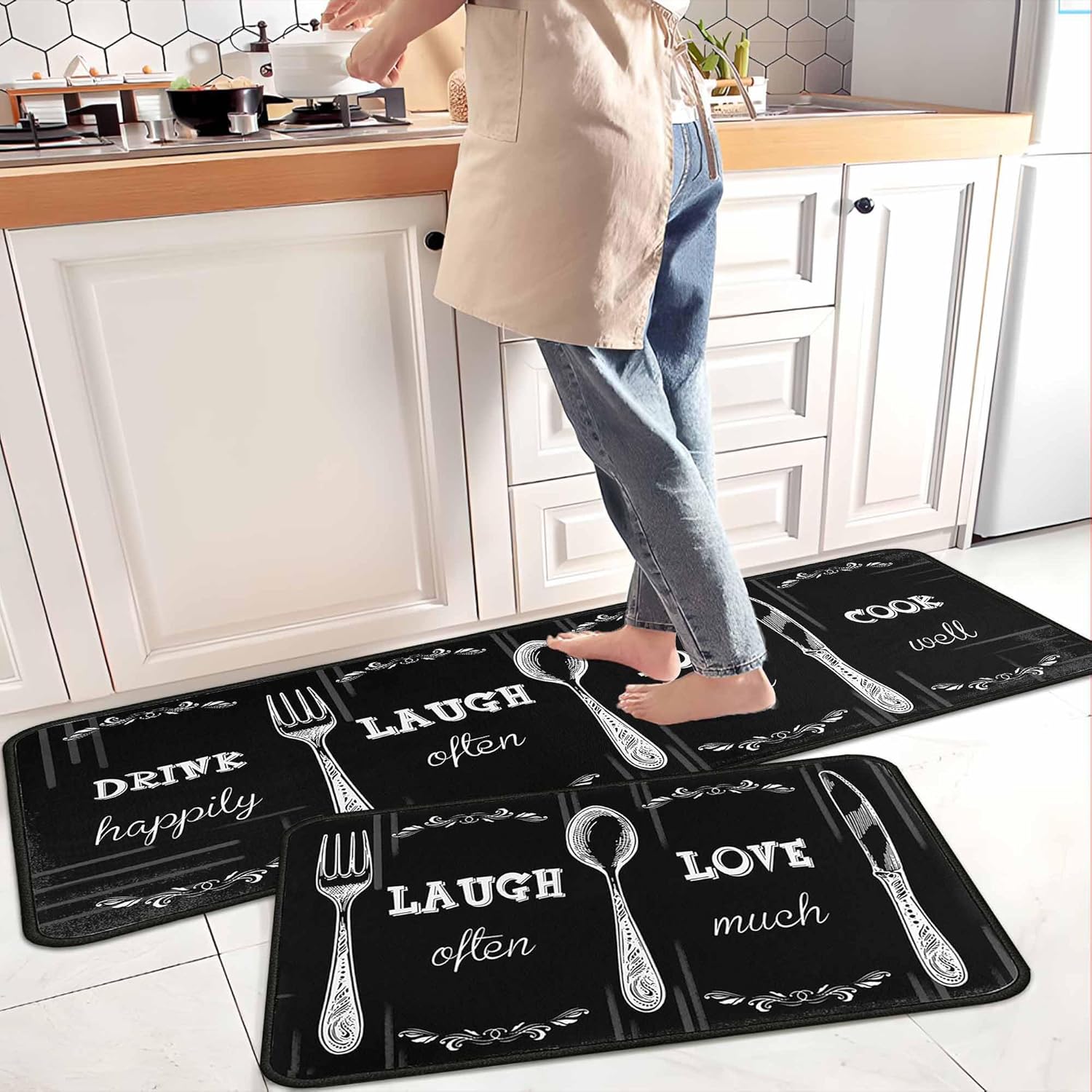 Black Kitchen Rug Set 2 PCS | Non-Slip Waterproof Stain-Resistant Floor Mats | Farmhouse Style Mats for Kitchen, Sink & Laundry 17"x47"+17"x30"
