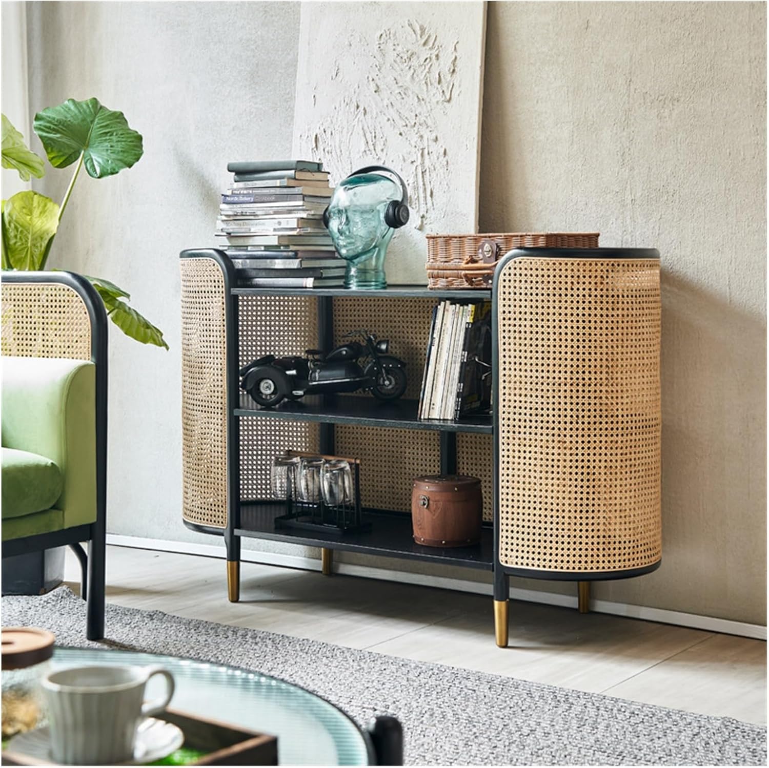 Sideboard Cabinet Solid Wood Dining Sideboard Household Rattan Storage Tea Cabinet Console Coffee Table
