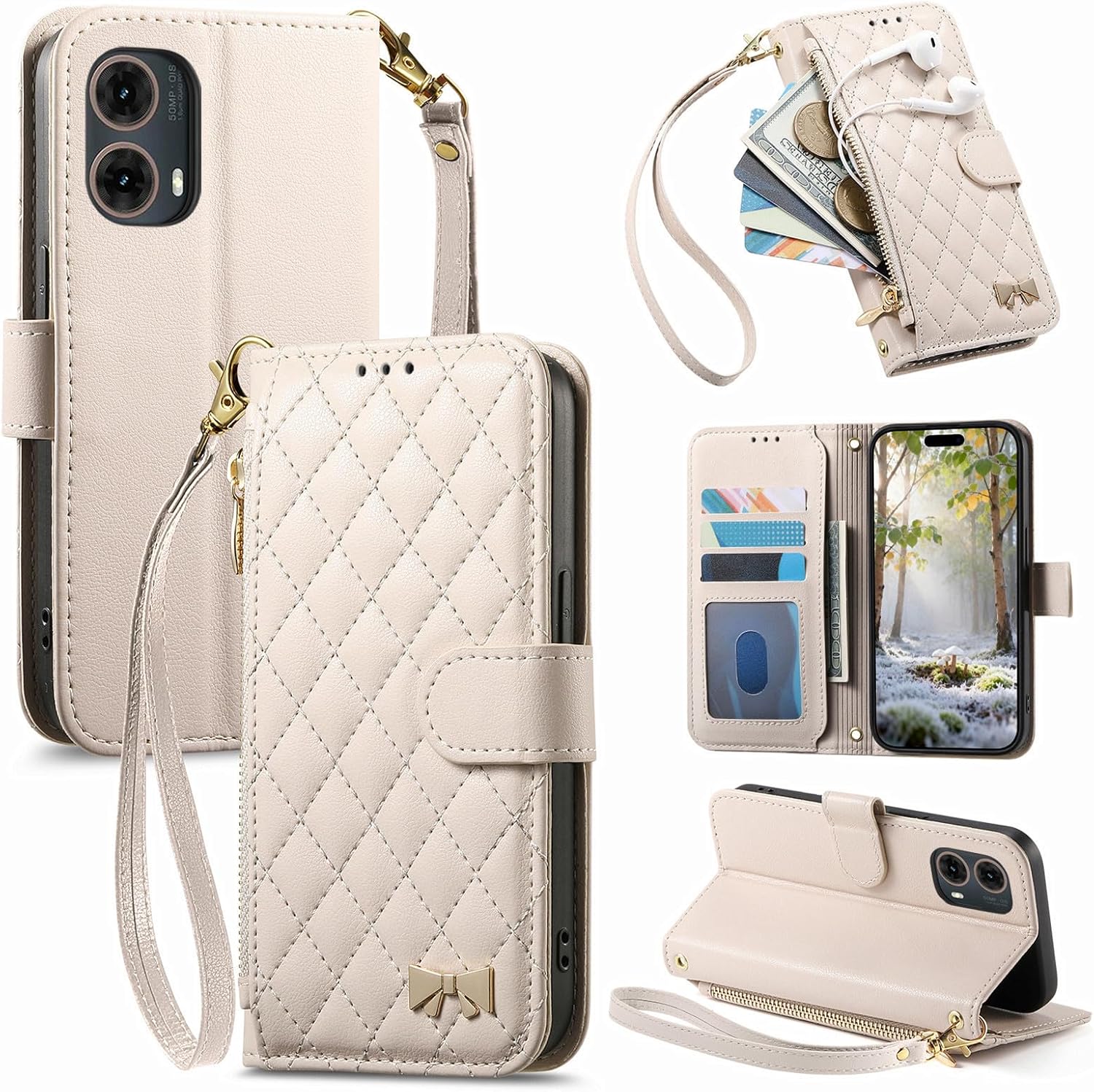 Compatible with Motorola Moto G Stylus 5G (2024) Flip Kickstand Zipper Wallet with a Lanyard and Magnetic Closure Phone Case White
