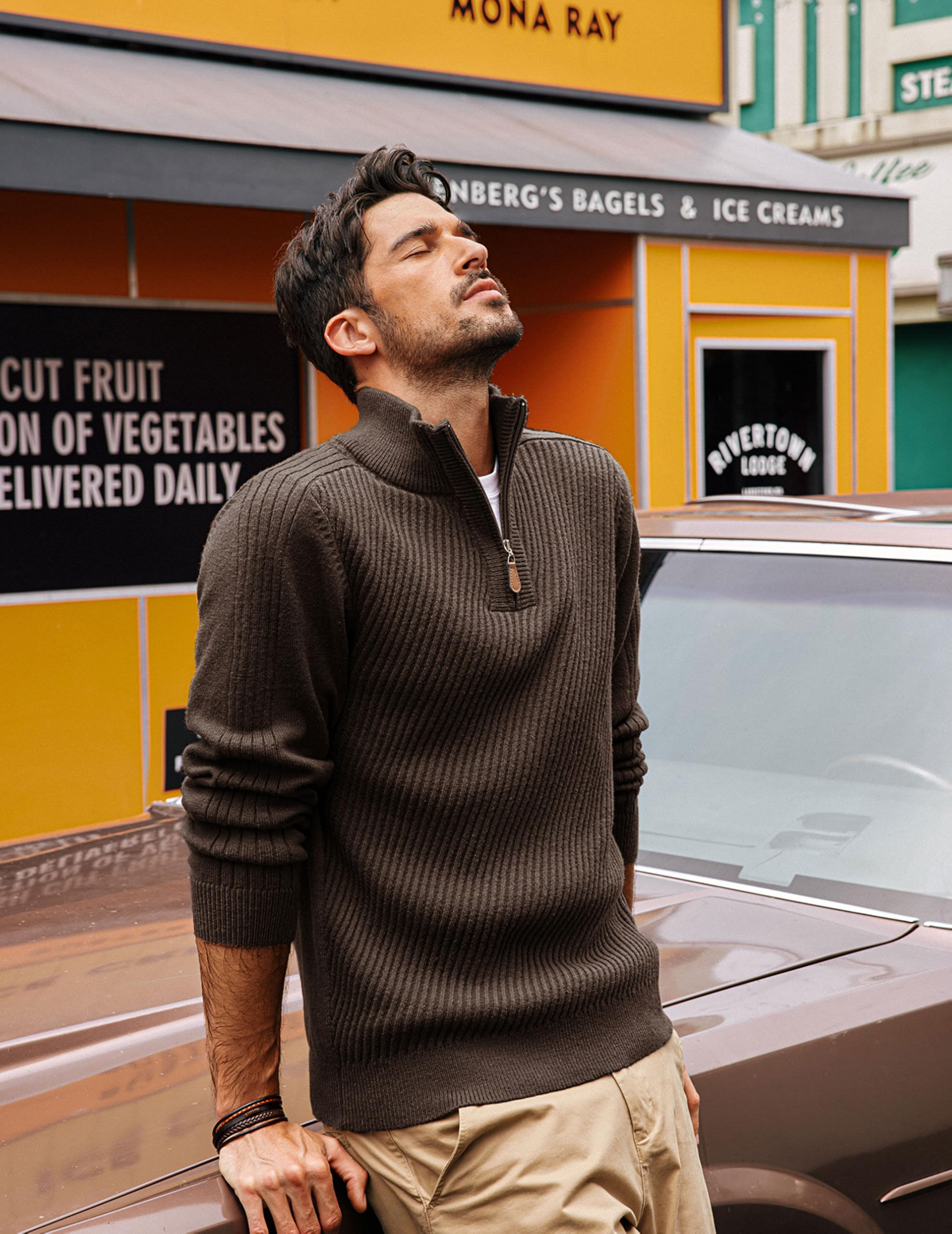 PJ PAUL JONES Maglione da uomo a collo alto, a 1/4 zip, a maniche lunghe, con scollo a tessere