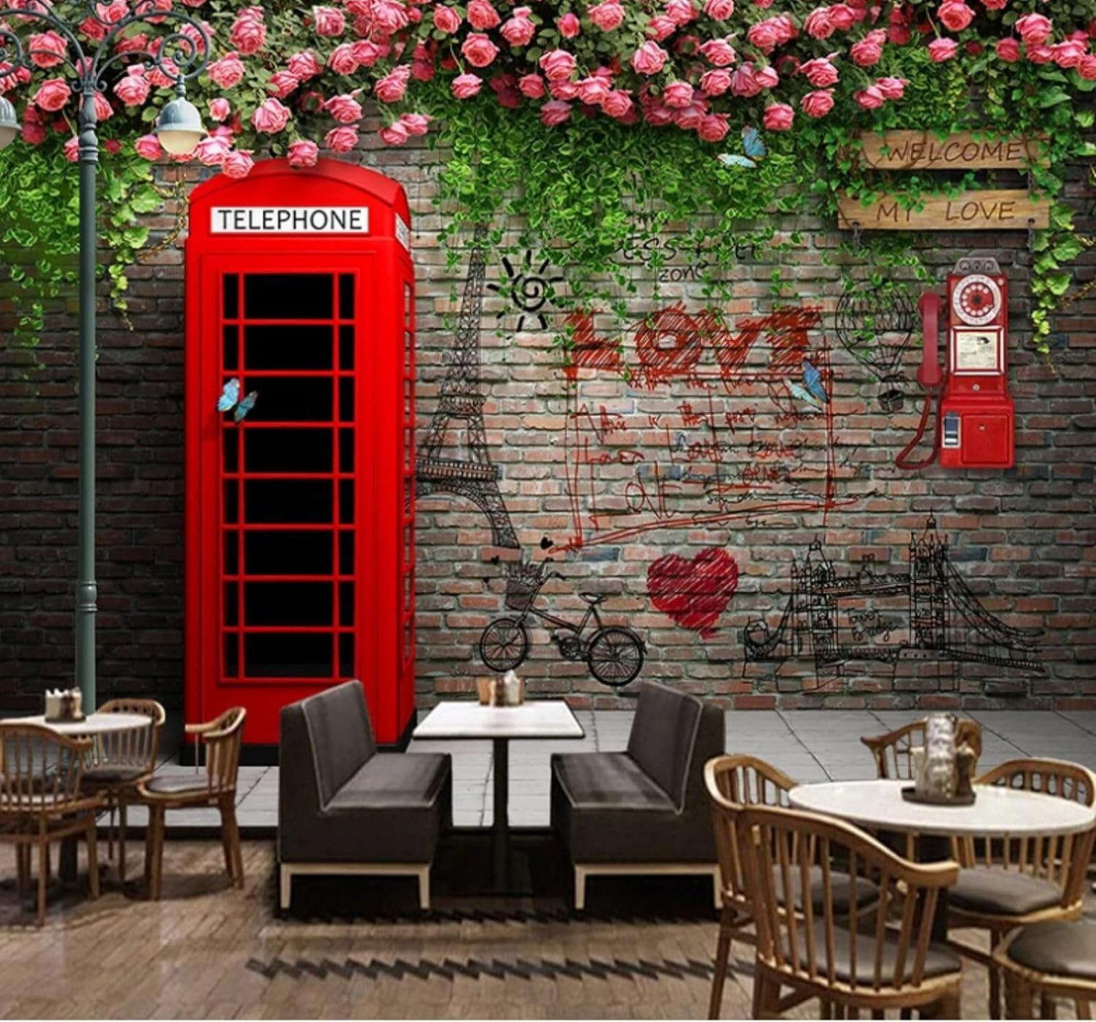 XLMING Brick Wall Red Telephone Box Roses Vines 3D Wallpaper Luxury Silk Study Dining Feature Sofa Grey Bedroom Living Room Tv Decorative Wall-350cm×256cm