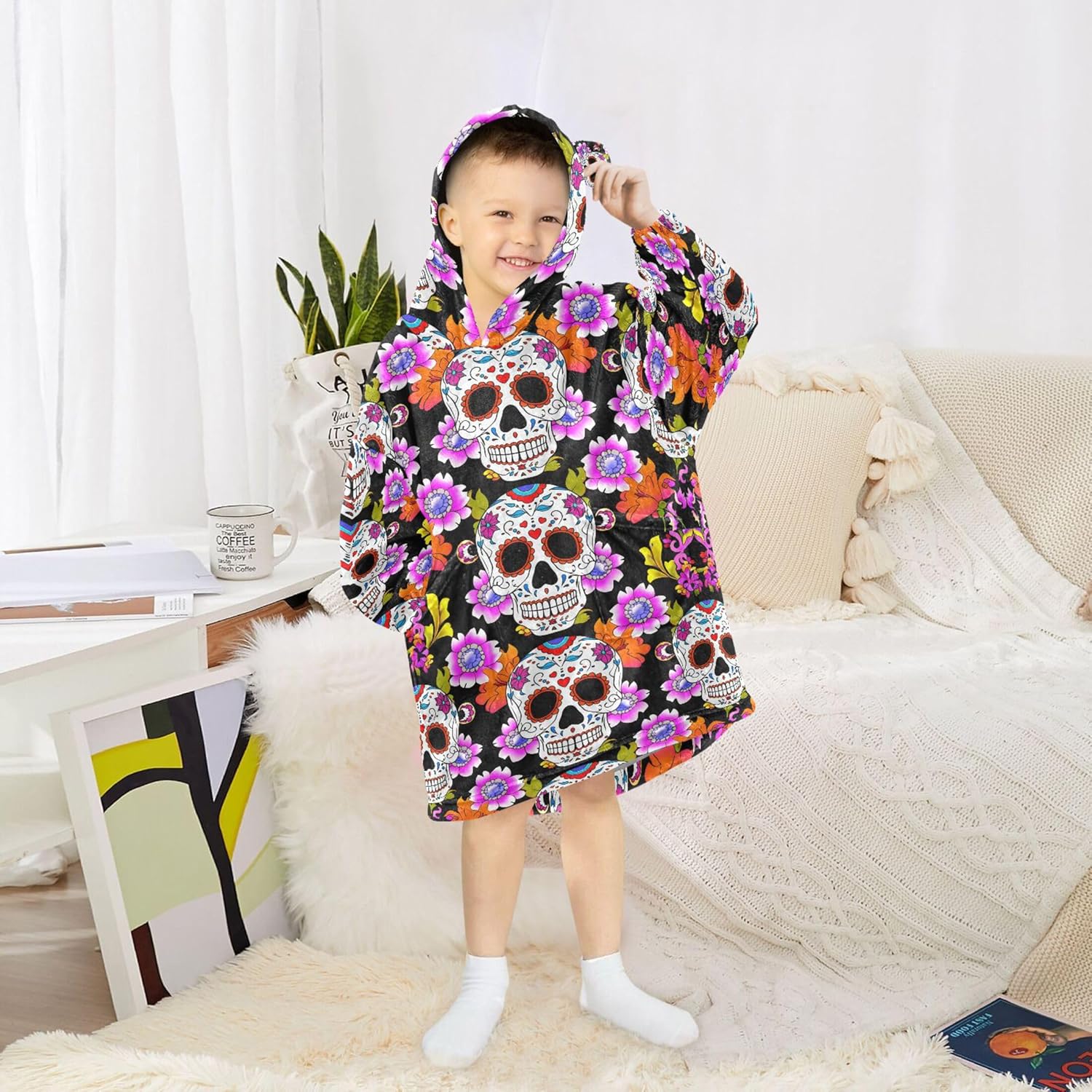 Skull Flower Kids Wearable Blanket Hoodie with Pocket and Sleeves for Toddlers, Cute Hoodies 3-14 Year Girls Boys
