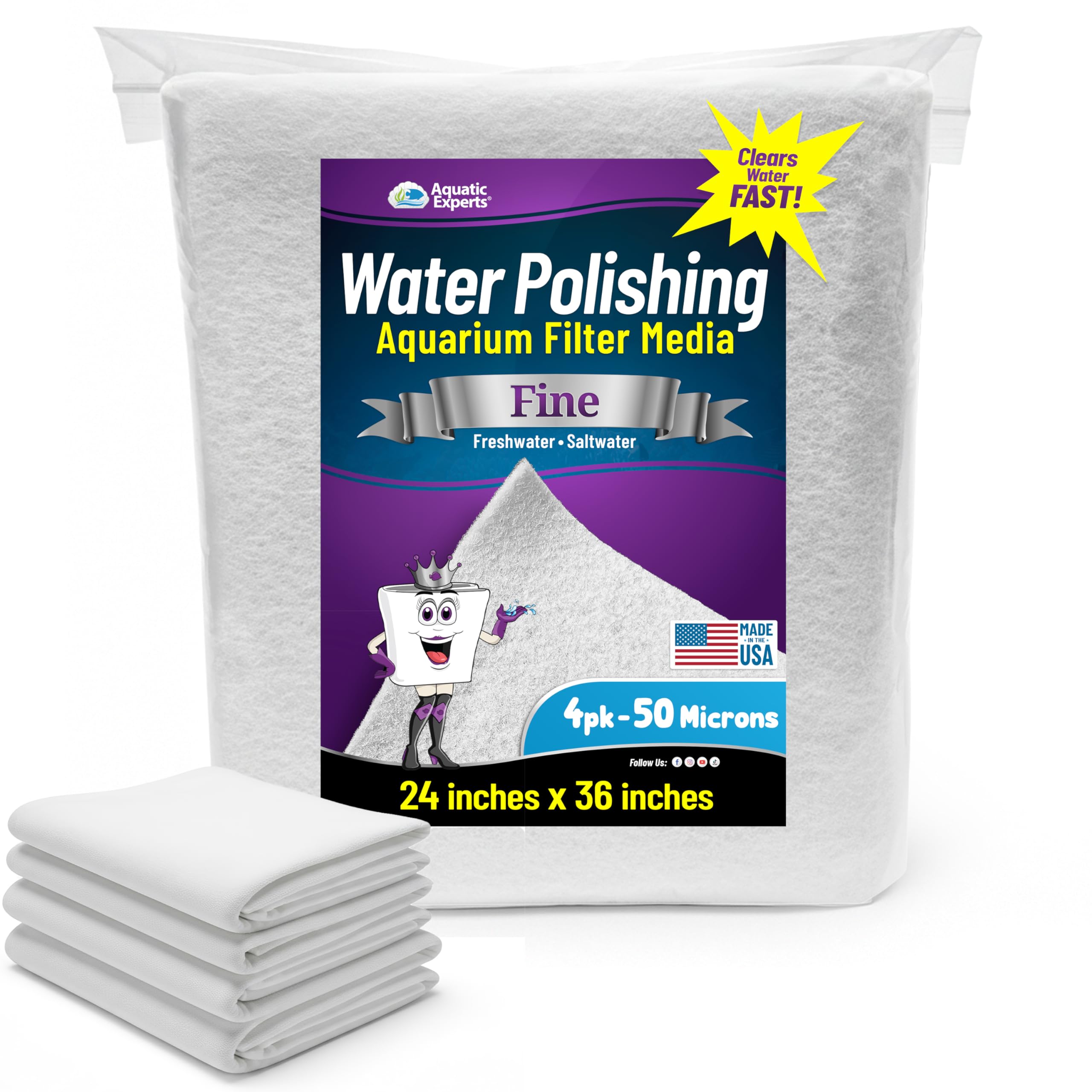 Polishing Filter Pad 50 Micron - Superior Polishing Pad for Aquarium - Cut to Fit 24" by 36" Media for Fresh Water & Saltwater Fish Tanks and Terrariums(4 Pack 50 Micron)