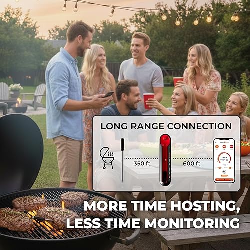 Miniatura 4 de Grill Tech - Termómetro inalámbrico para carne con Bluetooth, termómetro digital inteligente para parrilla con sonda de sensor doble, rango de 950