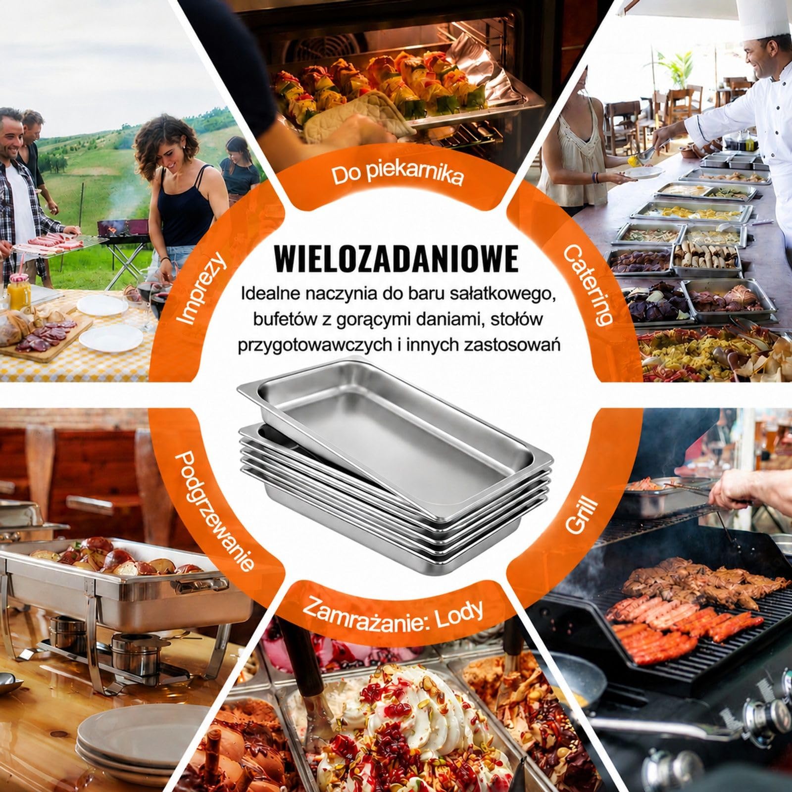 6 sztuk pojemników gastronorm ze stali nierdzewnej z pokrywkami, do bufetu, cateringu i kuchni