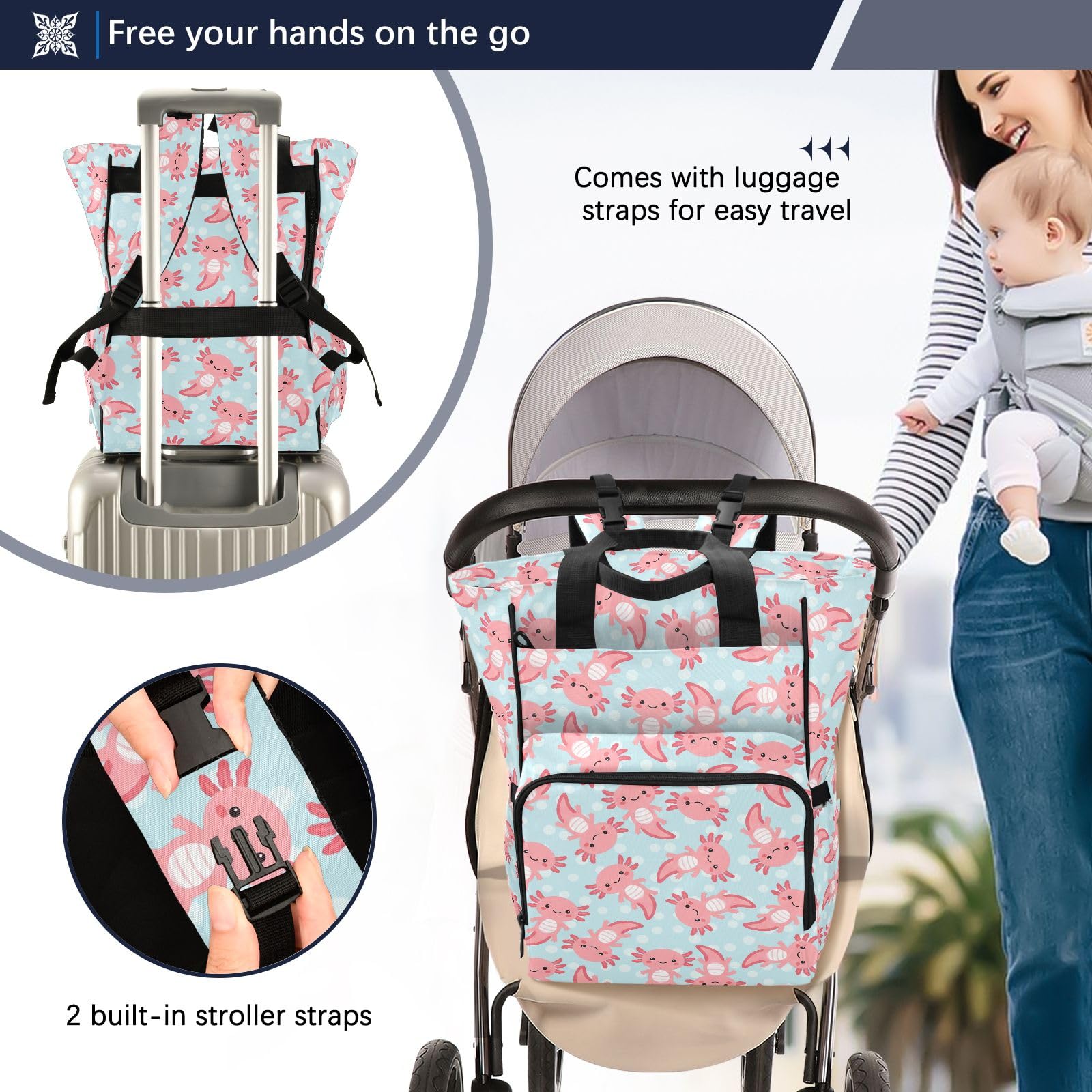 Mnsruu Mochila para pañales de bebé con patrón de ajolote rosa, bolsa grande, impermeable, bolsas de pañales de viaje para mamás y papás