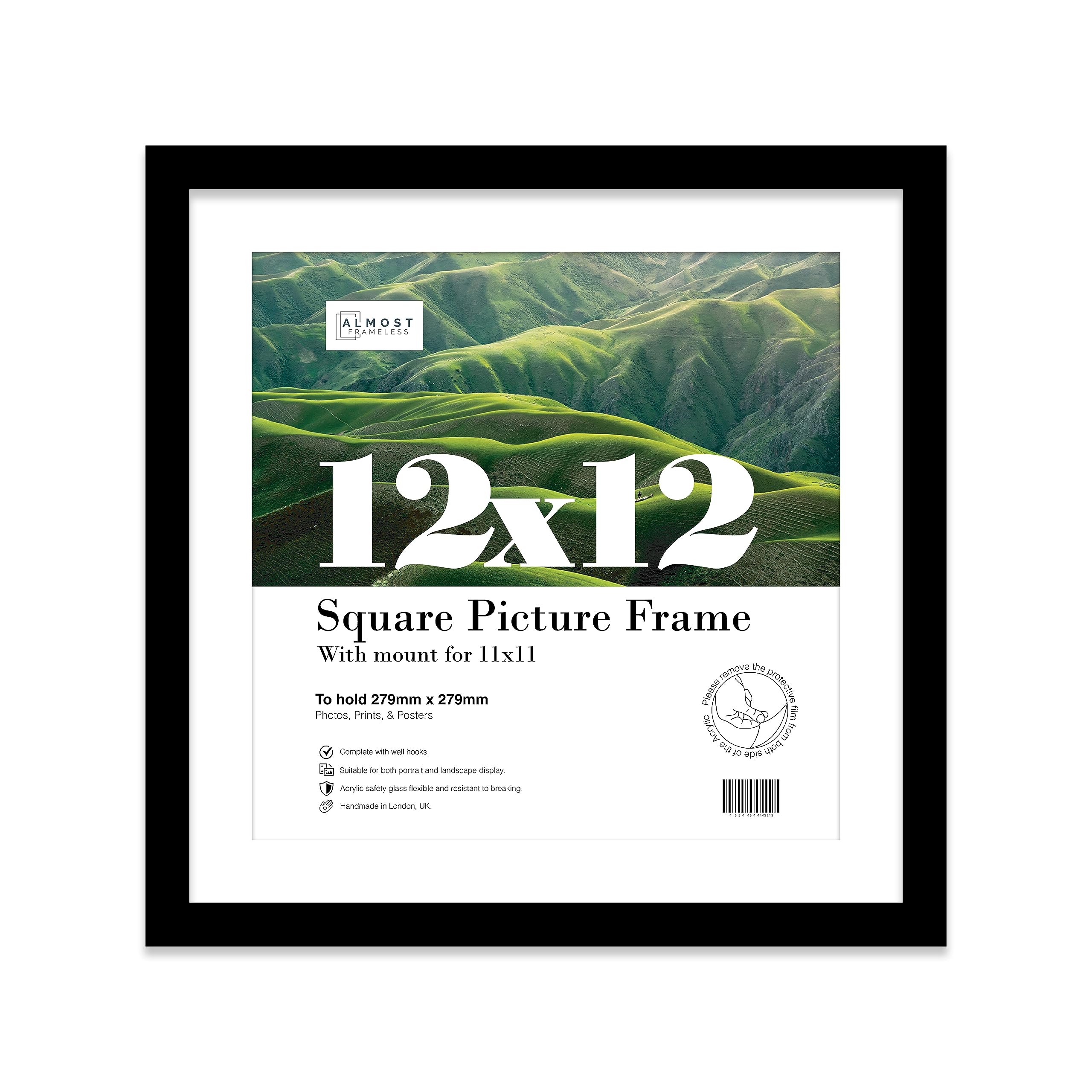 Almost Frameless 12x12 Picture Frame, Display Pictures 11x11 With Mat or 12x12 Without Mat, Wall Hanging Photo Frame, Black, 1 Pack