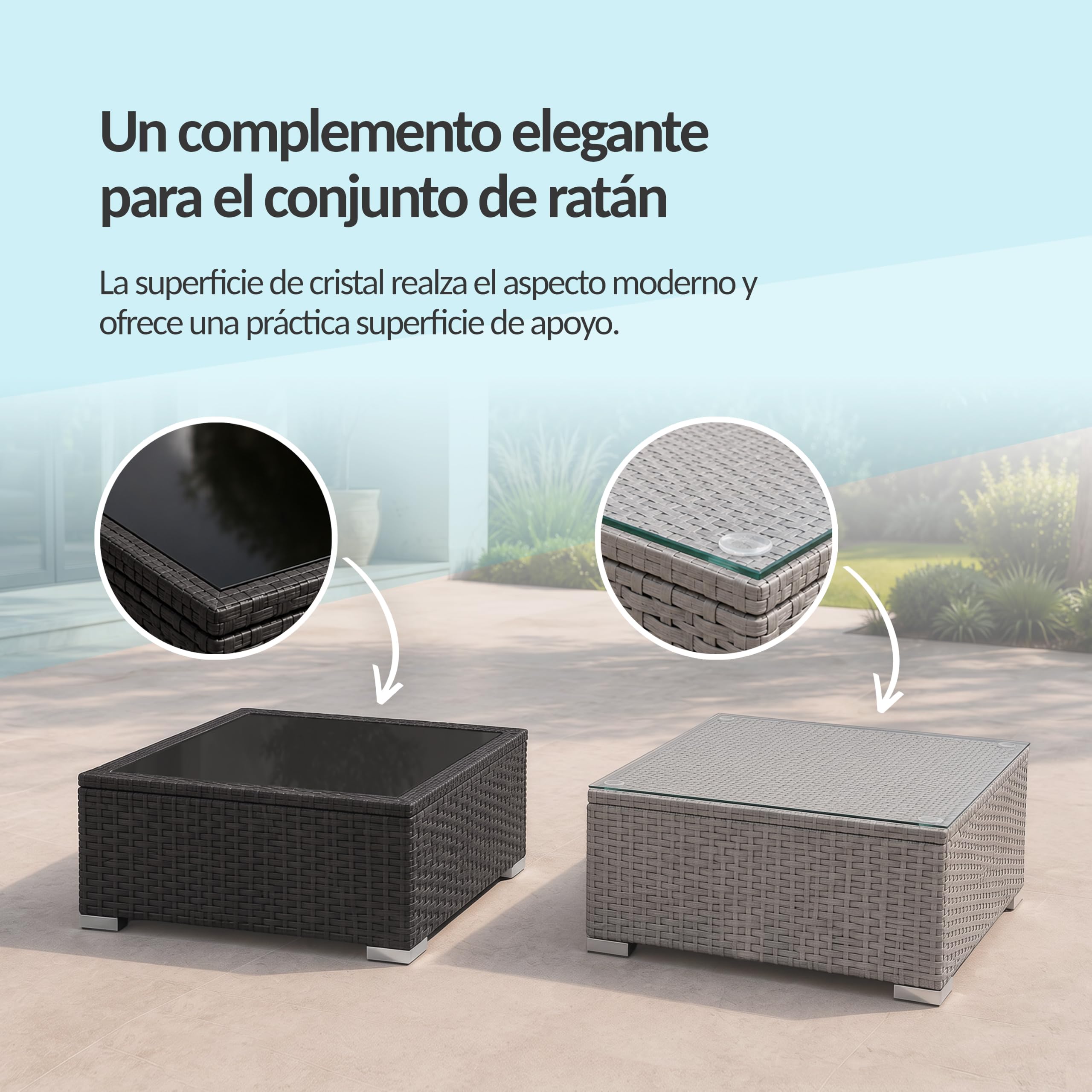POKAR Rinconera Jardín Ratán Gris con Cojines Asiento y Respaldo Salvia