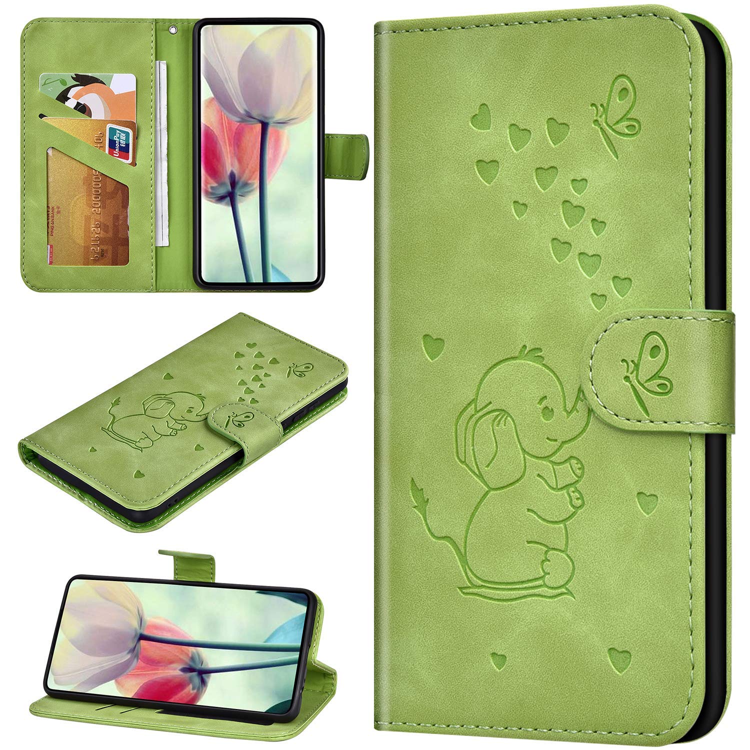 Robinsoni Case Compatible with Galaxy S8 Phone Case PU Leather Wallet Phone Cover Shockproof Kickstand Case Notebook Elephant Printed Cover Flip Stand Retro Book Case Cartoon Animal Case Green