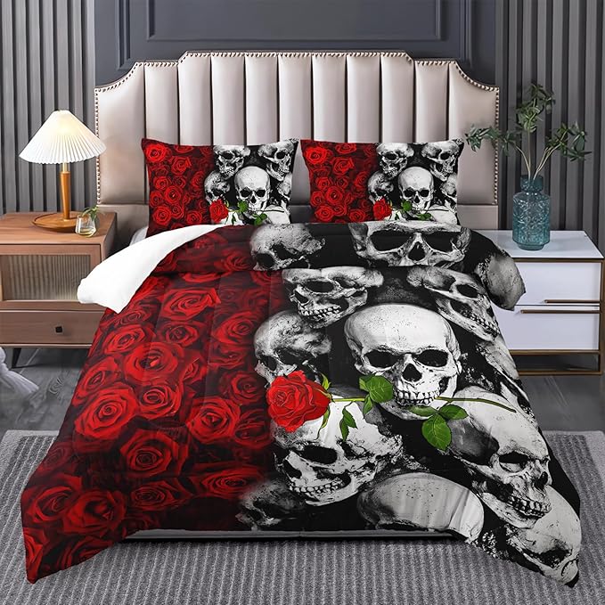 Gothic King Size Bedding Set with Skull & Rose Comforter, Black & Red Quilt
