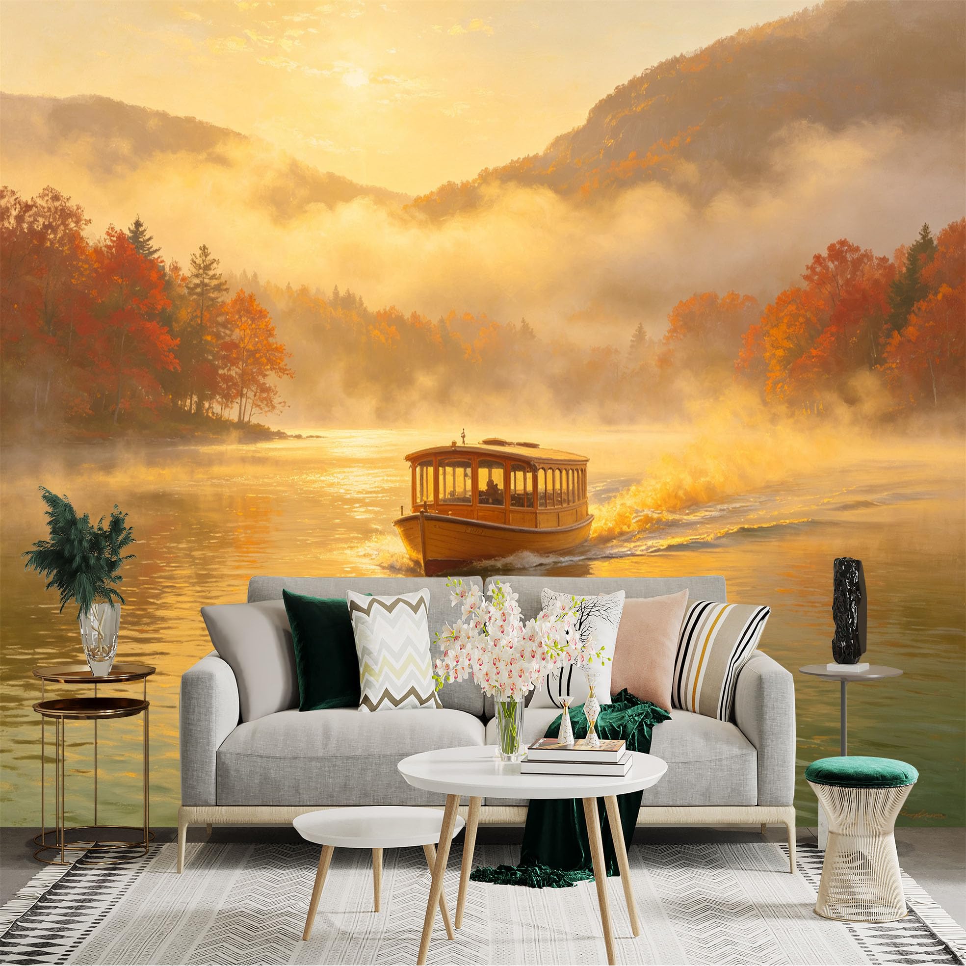 Custom Size Wall Sticker Mural， Golden Autumn Lake Scene， Boat Sailing on Misty Water， Vibrant Fall Foliage Landscape， for wall Decoration， peelandstick wall Decals.