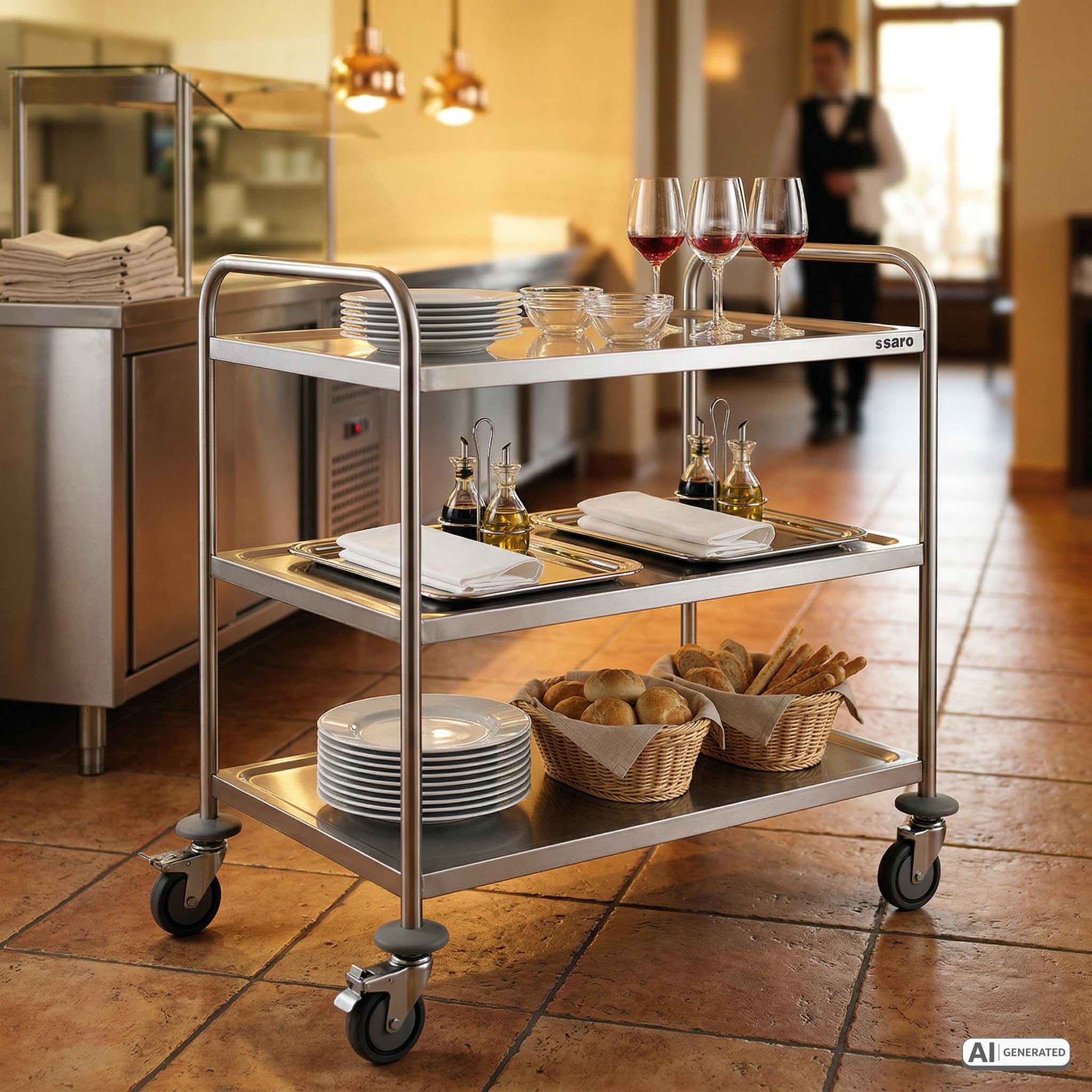 SARO BASTIAN - Carrello da trasporto a 3 ripiani, in acciaio inox, con portata da 80 kg, 4 ruote (2 con freno), da 86 x 54 x 94 cm, per settore gastronomico e servizio