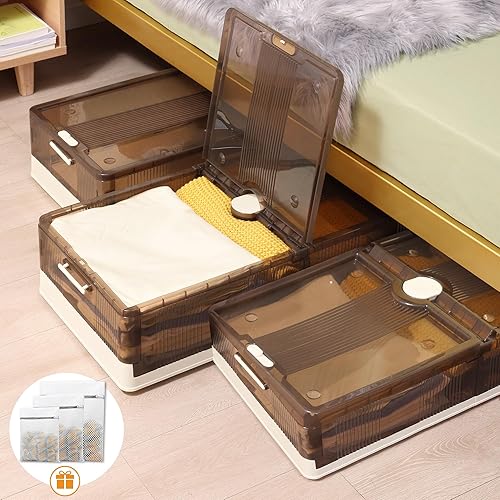 Paquete de 2 contenedores de almacenamiento para debajo de la cama de 76 litros, apilables debajo de la cama con ruedas, caja de almacenamiento