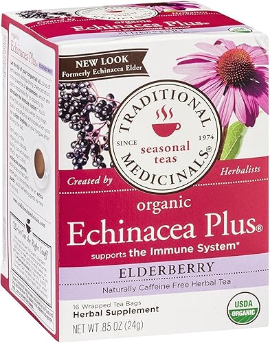Traditional Medicinals Té de hierbas orgánico Echinacea Plus Elderberry, promueve la función inmunológica, (paquete de 2)  32 bolsas de té en total,