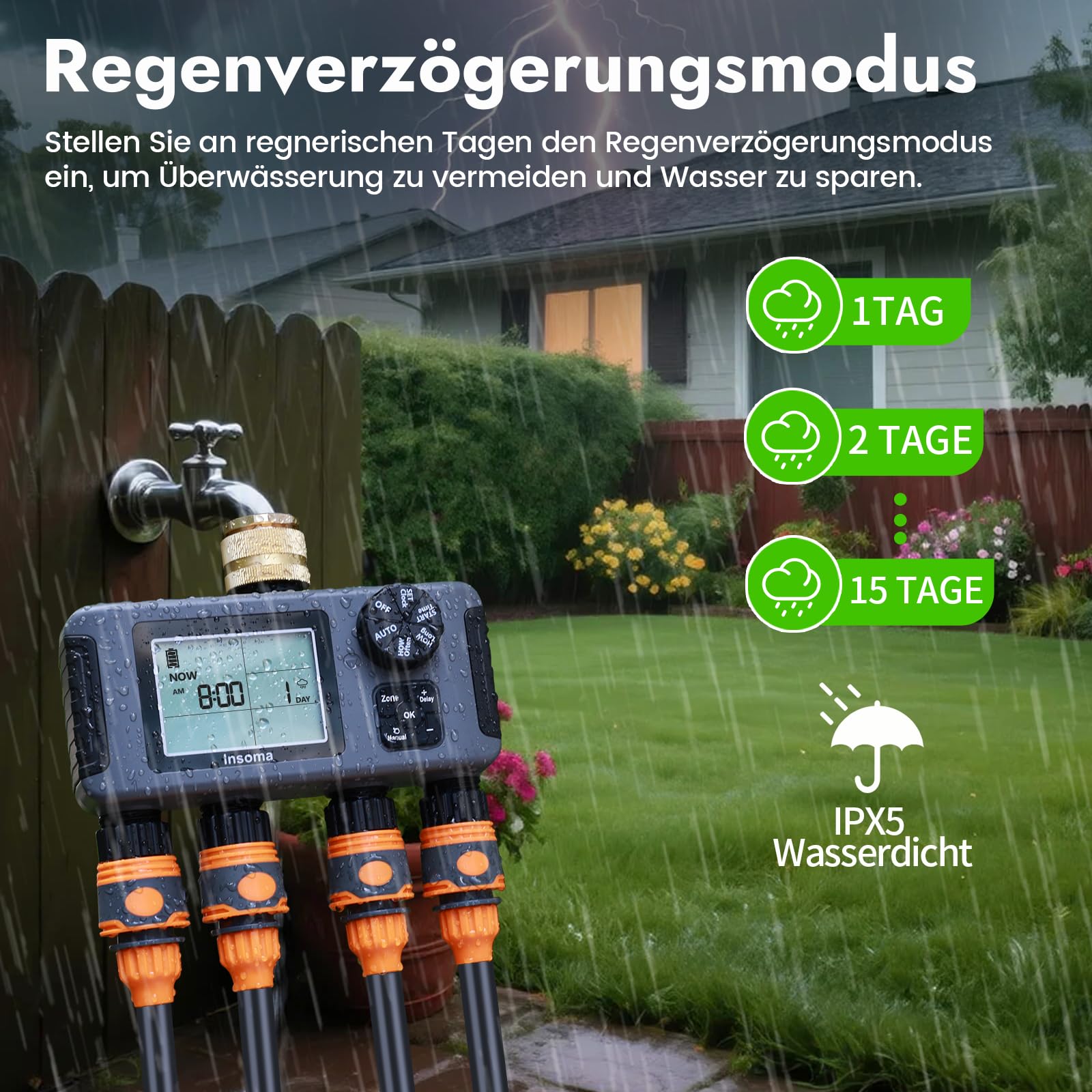 Insoma-Bewässerungssteuerung mit Messinganschluss, 4 unabhängige Zonen, Schlauchsteuerung mit Auto-/Manuell-/Regenverzögerungsmodus, Sprinkler-Bewässerungssteuerung für den Garten