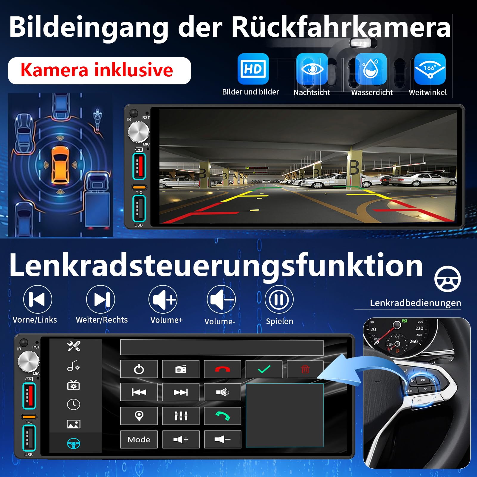 6,9 Zoll 1 Din Autoradio mit drahtlosem CarPlay & Android Auto, Bluetooth, Full-Touch-Autoradio-Display FM, DAB+，Free Rückfahrkamera