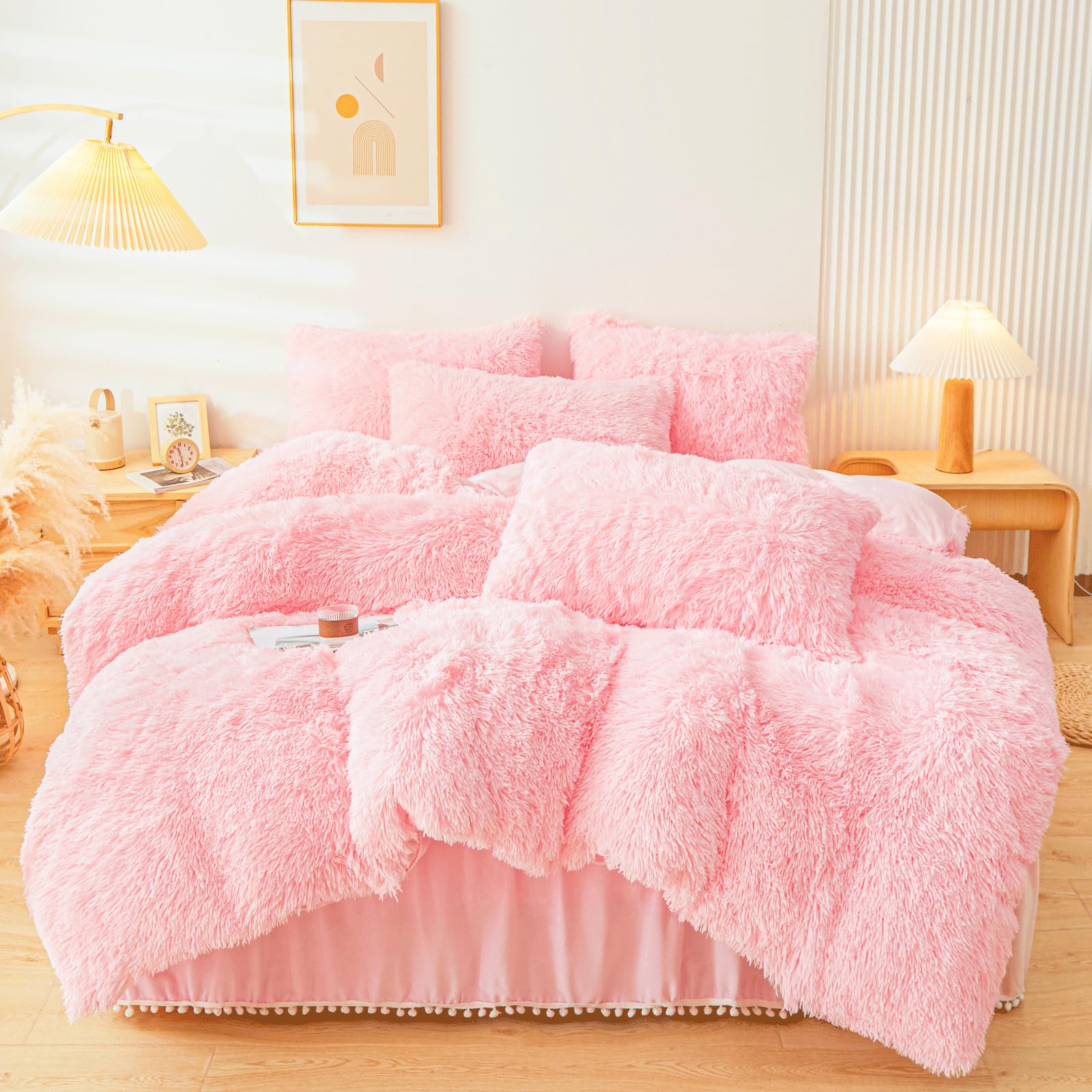 ERLOXO Fluffy Pink Faux Fur Comforter Cover Set Twin，Fluffy Fuzzy Plush Pink Bedding 2Pcs (1 Faux Fur Duvet Cover +1 Fuzzy Pillowcases) Bed Set Twin
