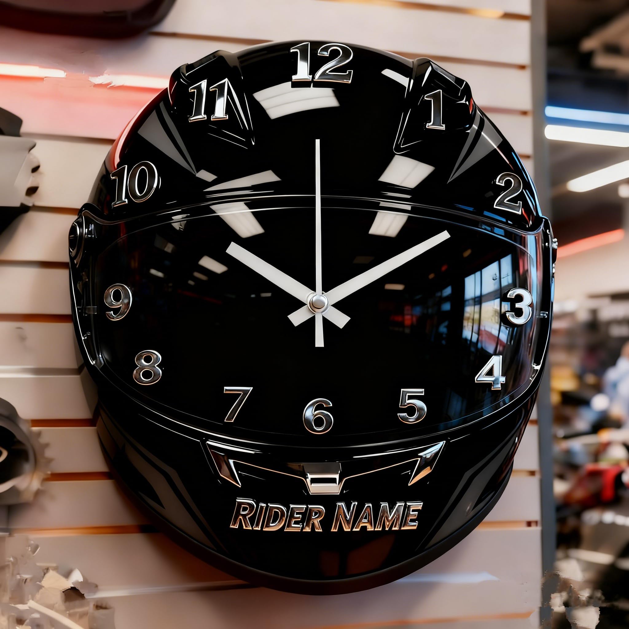 Horloge murale personnalisée casque de motard pour déco de garage unique