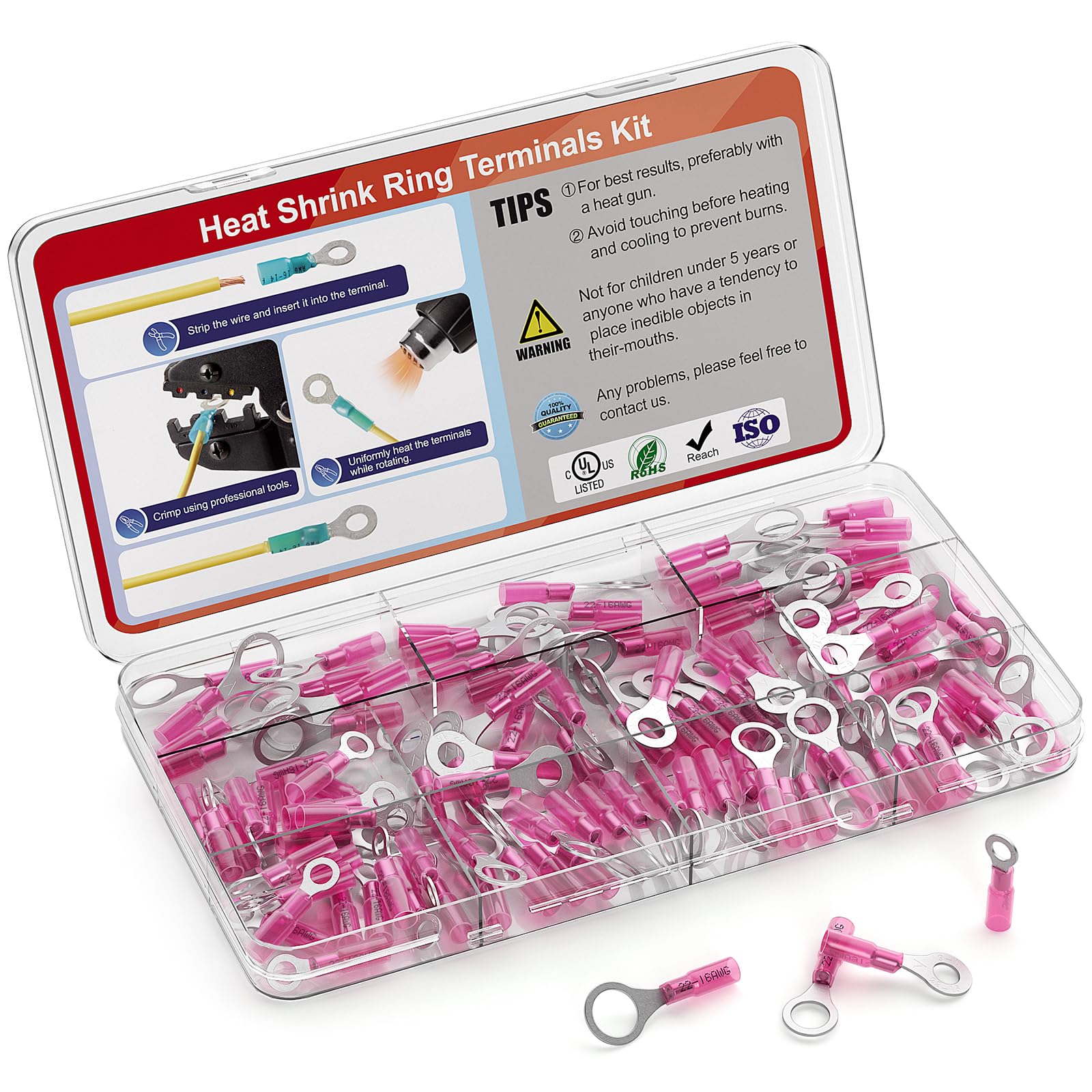 AIRIC 22-16 AWG Heat Shrink Ring Terminals Kit #10 1/4" 5/16" 3/8", Copper Terminal Connector Ends, Battery Cable Lugs, Red Electrical Crimp Connectors, Wire Lug for 22, 20, 18, 16 Gauge Wires, 100PCS