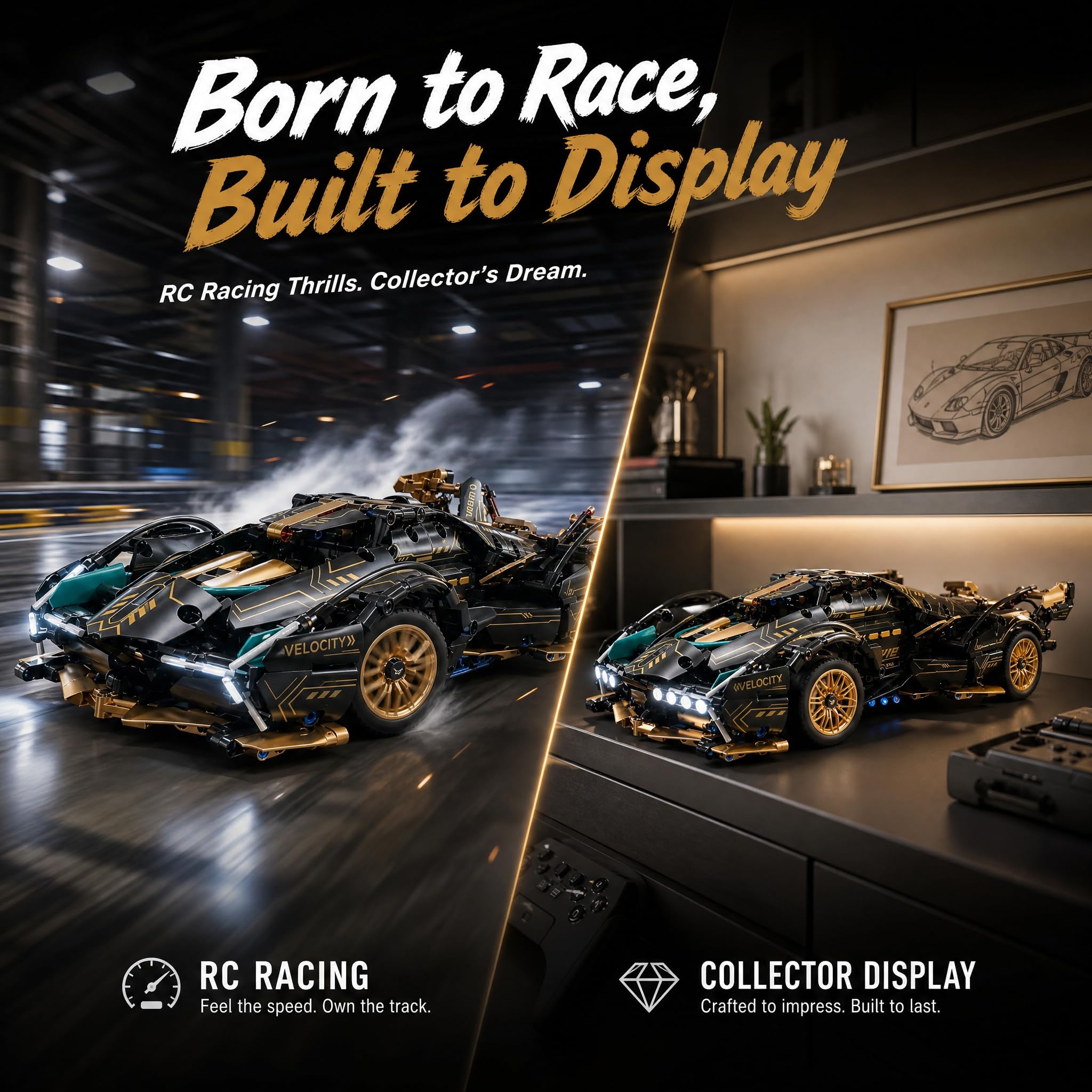Coche RC, Coche teledirigido, 1:14 con LED Modelo Kit | coche RC: luces LED, funciones motorizadas y doble control; montaje en familia, conducción interior, exposición y regalos