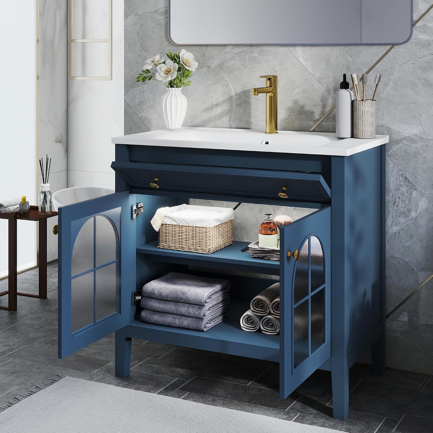 36" Bathroom Vanity with Sink & Light Freestanding Bathroom Storage Cabinet with Tilt-Out Drawer & 2 Glass Doors Modern Single Sink Bath Vanity with Countertop,Blue