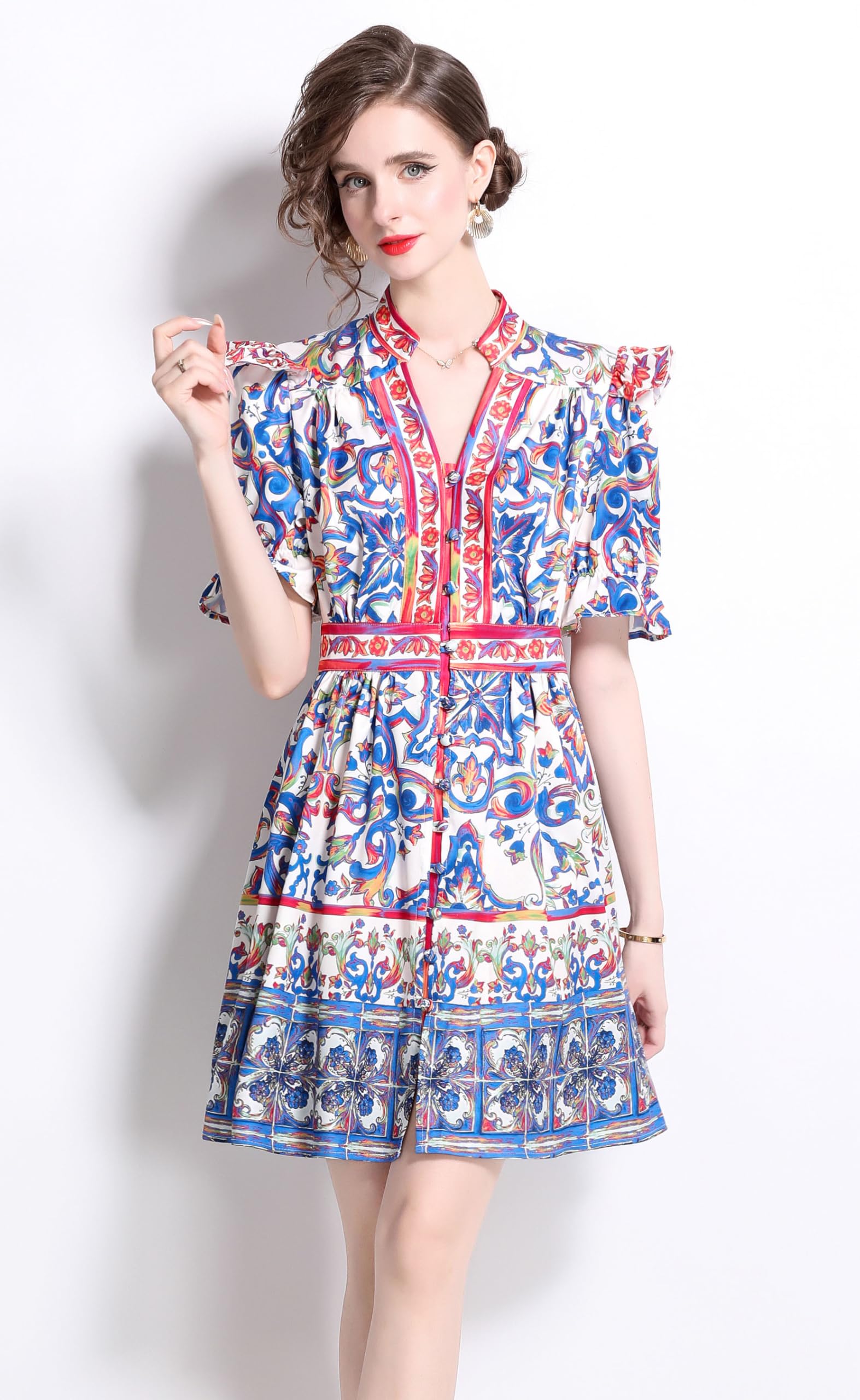 LAI MENG FIVE CATS Vestido corto para mujer, con estampado floral, manga farol, volantes, casual, con botones, cinturón, ajuste holgado