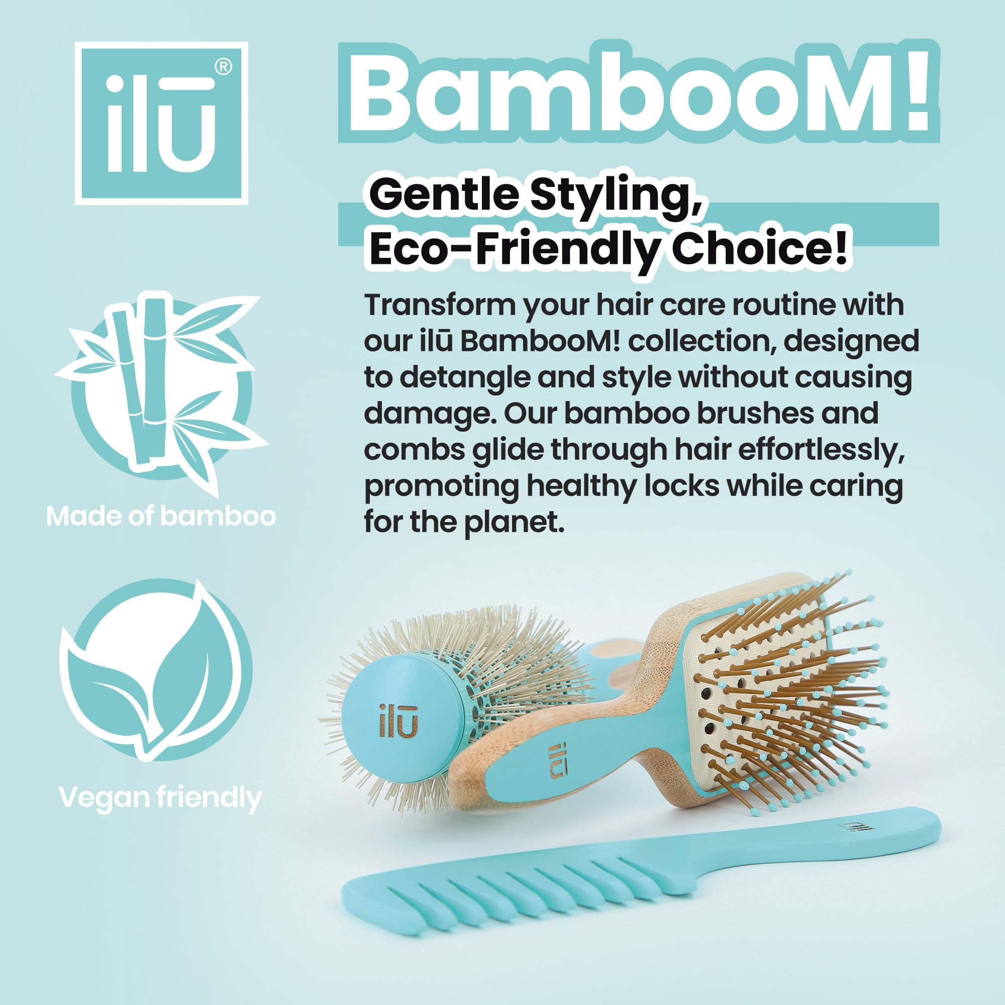 Ilū - Bambus Haarbürste Detangler Bürste Ocean Breeze Haarschonend Antistatisch Für Haarmassage Styling Umweltfreundlicher Haarkamm Perfekt Für Alle Haartypen