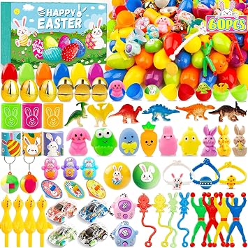Adisher [ 6 Surprise Golden Eggs ] 60Pcs Prefilled Easter Egg with Assorted Toys, Plastic Easter Eggs Fillers for Kids, Basket Stuffers,Egg Hunt Party Favors Classroom Prizes Supplies for Boys Girls