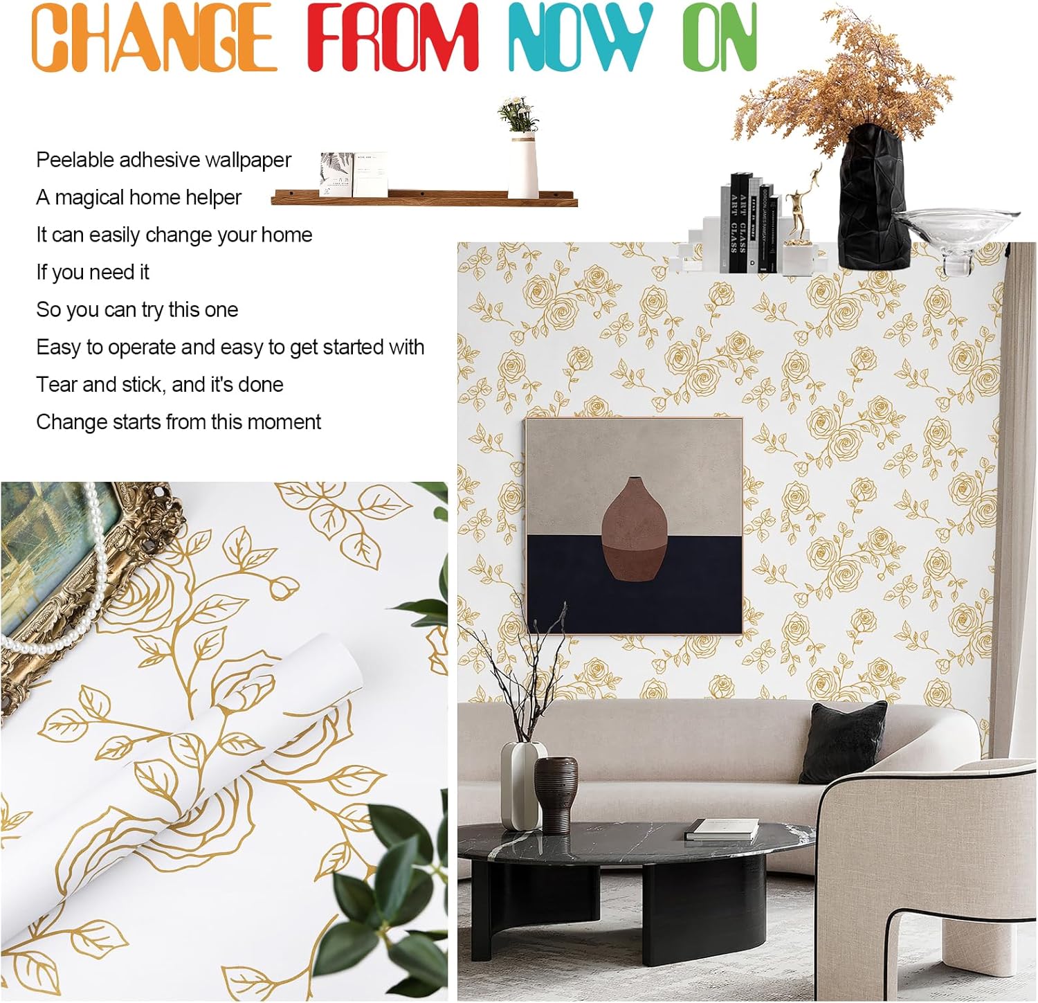Amiya Gold and White Floral Wallpaper Peel and Stick Retro Wallpaper Boho Removable Contact Paperv A Set of17.3" X 1200" Self Adhesive Wall Paper Decorative WallsBedrooms,Cabinets Decal Vinyl Roll