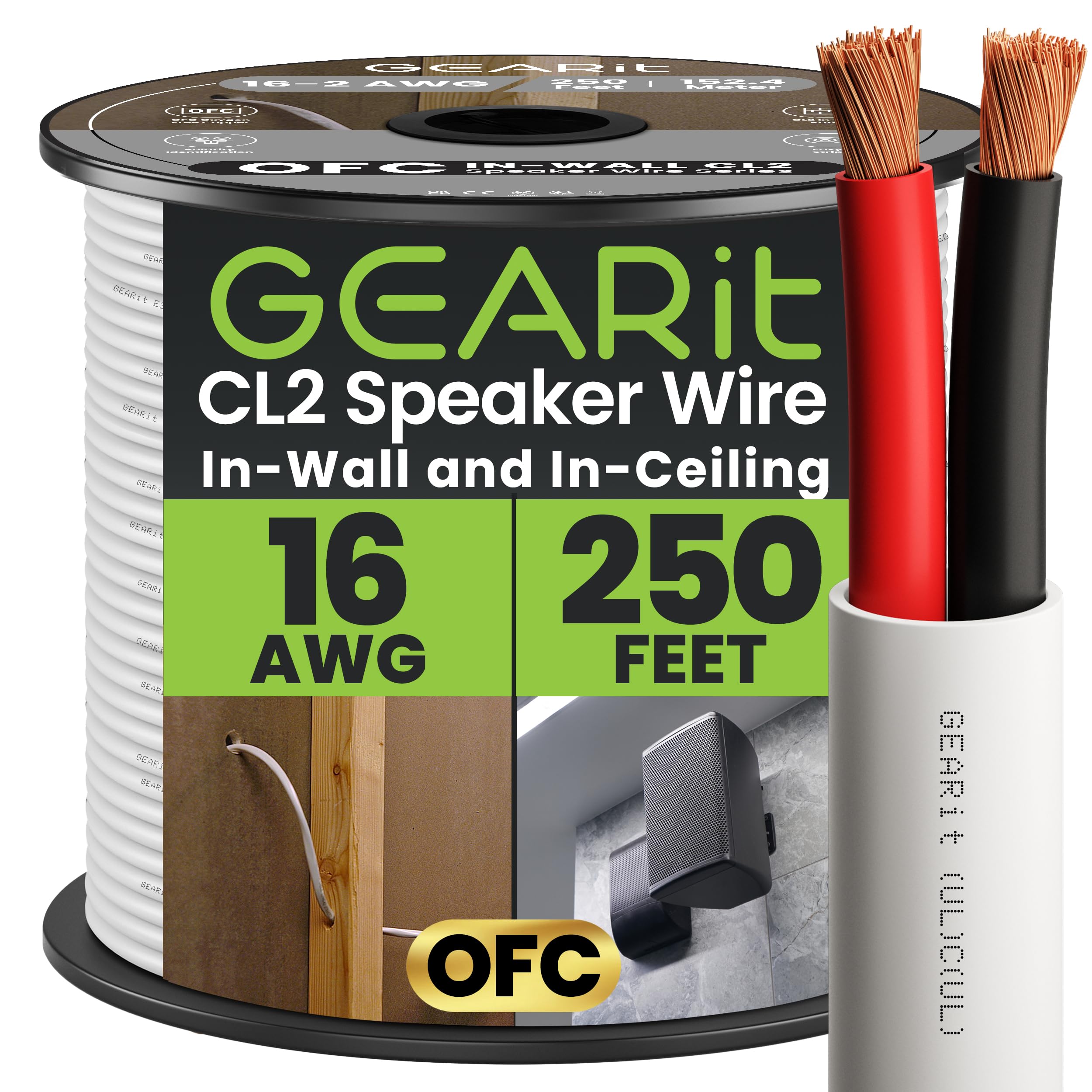 GearIT 16/2 Speaker Wire (250 Feet) 16AWG Gauge - in Wall Audio Speaker Wire Cable / CL2 Rated / 2 Conductors - OFC Oxygen-Free Copper, White 250ft