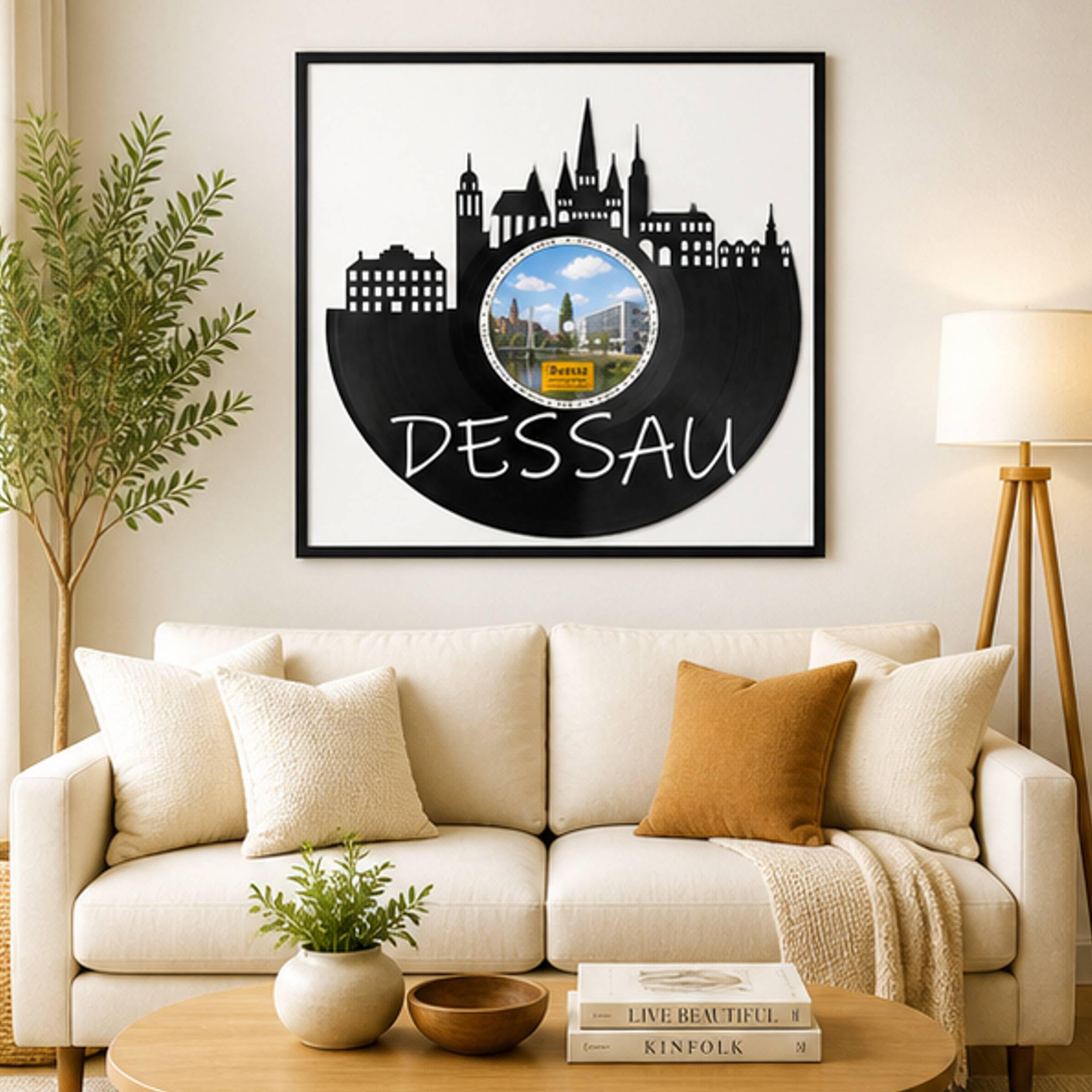 EVEVO Dessau - Decorazione da parete in vinile, con cornice, 32 x 32 cm, motivo: città Bauhaus, regalo per gli amanti dell'architettura