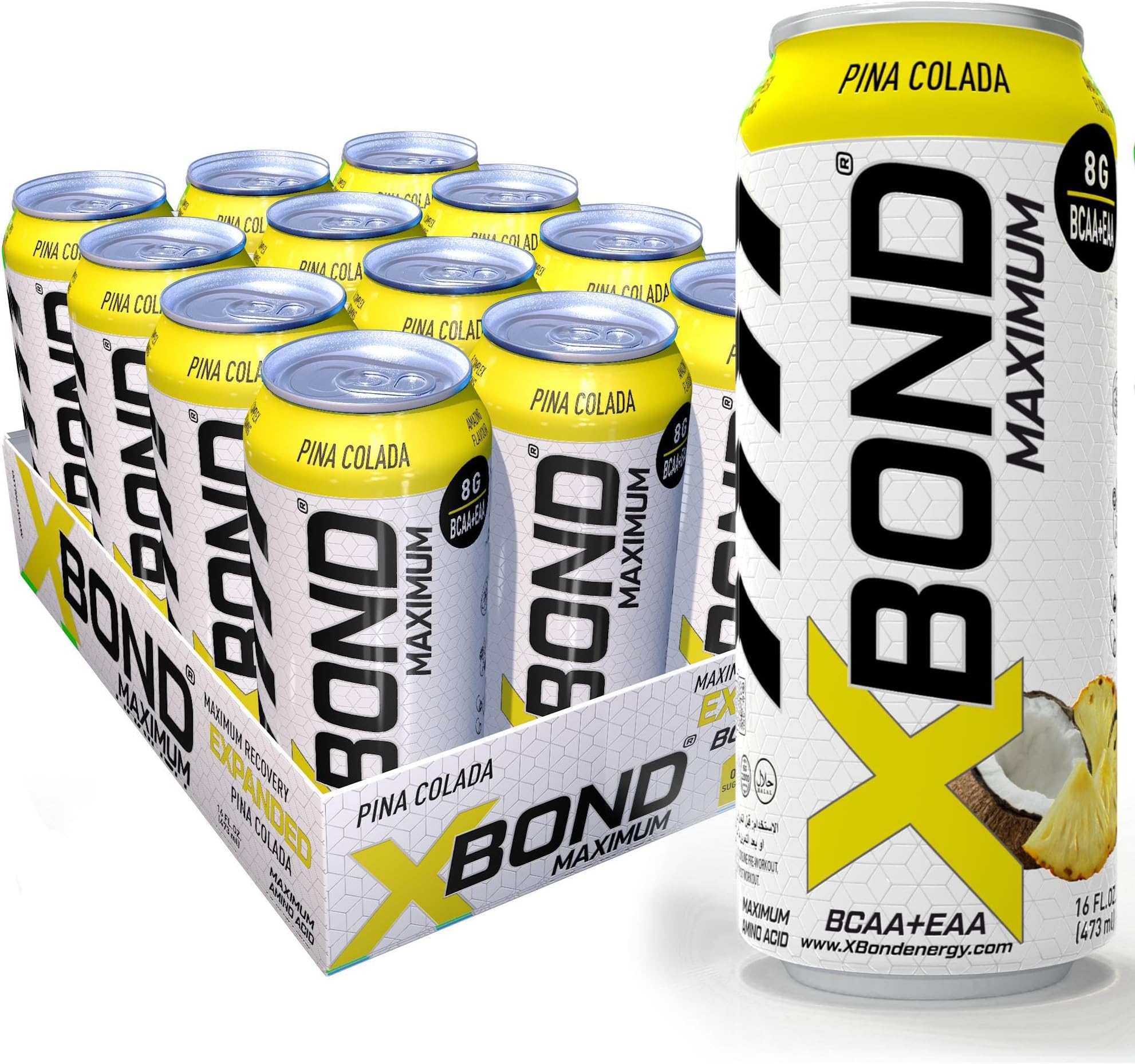 X-BOND Maximum Recovery Pina Colada - BCAA + EAA Electrolytes Drink - 16 fl oz (473 ml) - 8g BCAA/EAA, Sugar Free 34 Calories, 60mg Caffeine Pack of 12
