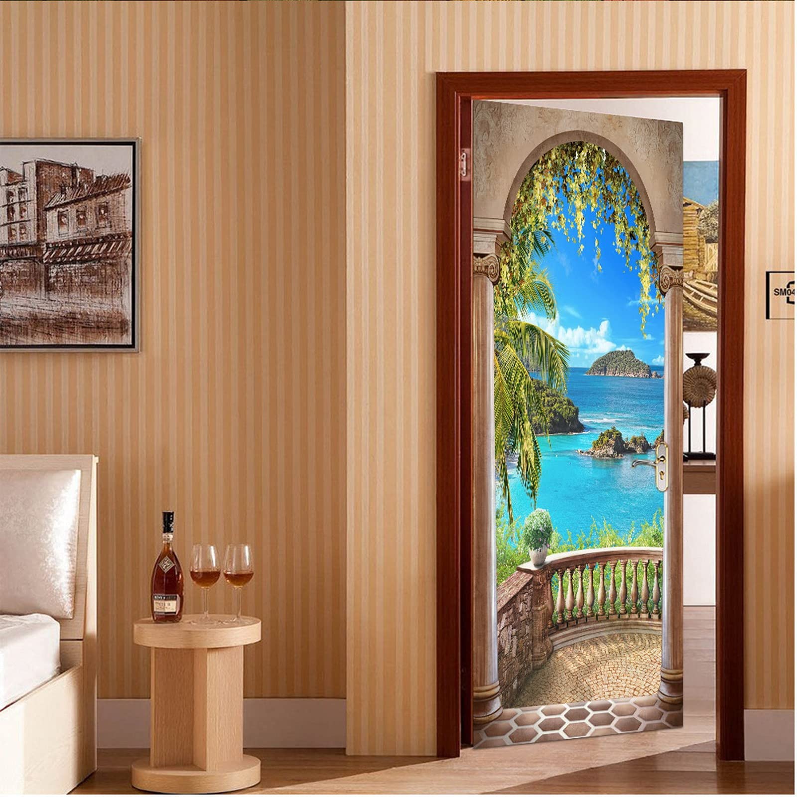 A.Monamour Türtapete Selbstklebend Türfolie Türposter 3D Blauer Meer Blick Durch Balkonbogen Vinyl Folie Türdeko Tapete Wandbild Türaufkleber Türtattoo 95 x 215 cm