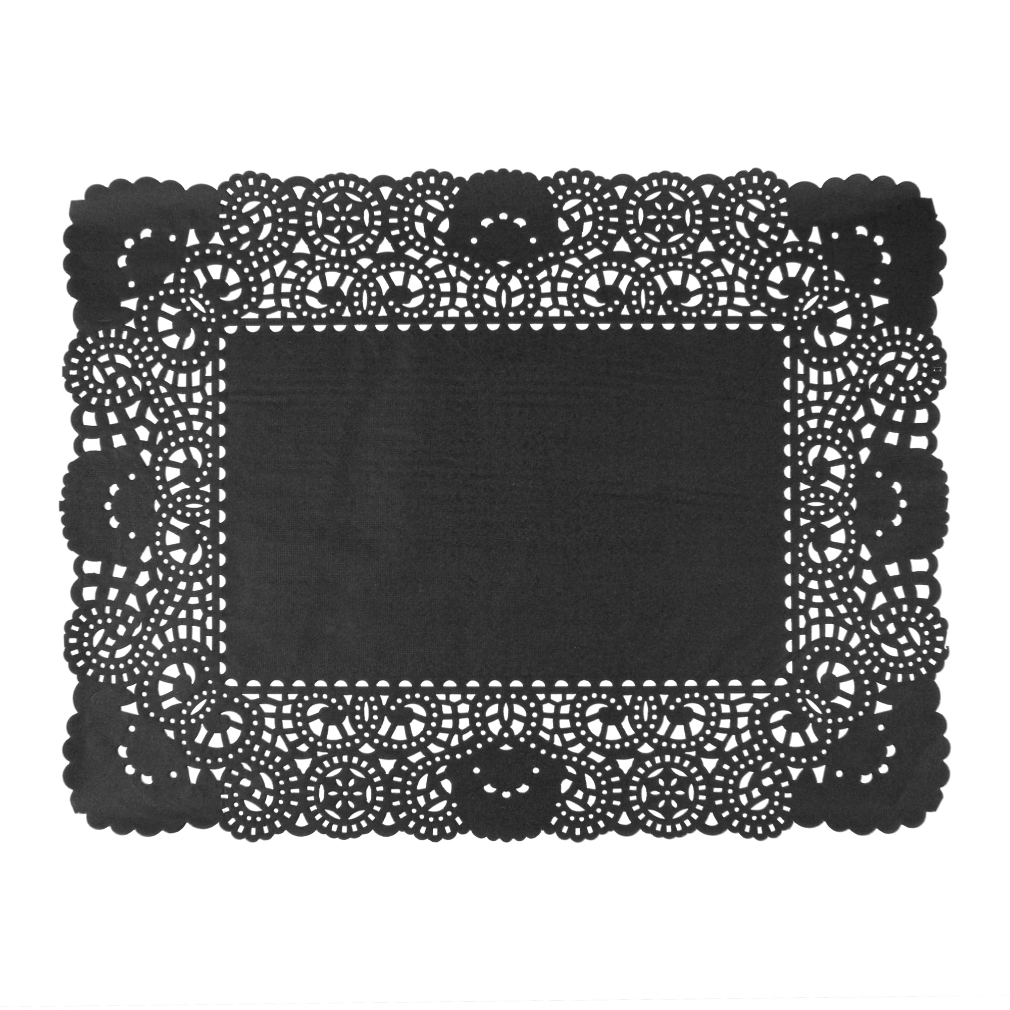 Restaurantware Pastry Tek - Tapetes de papel de encaje de 15.75 x 12 pulgadas, 100 tapetes rectangulares desechables para mesa, elegante acabado de encaje, de larga duración, papel negro, para