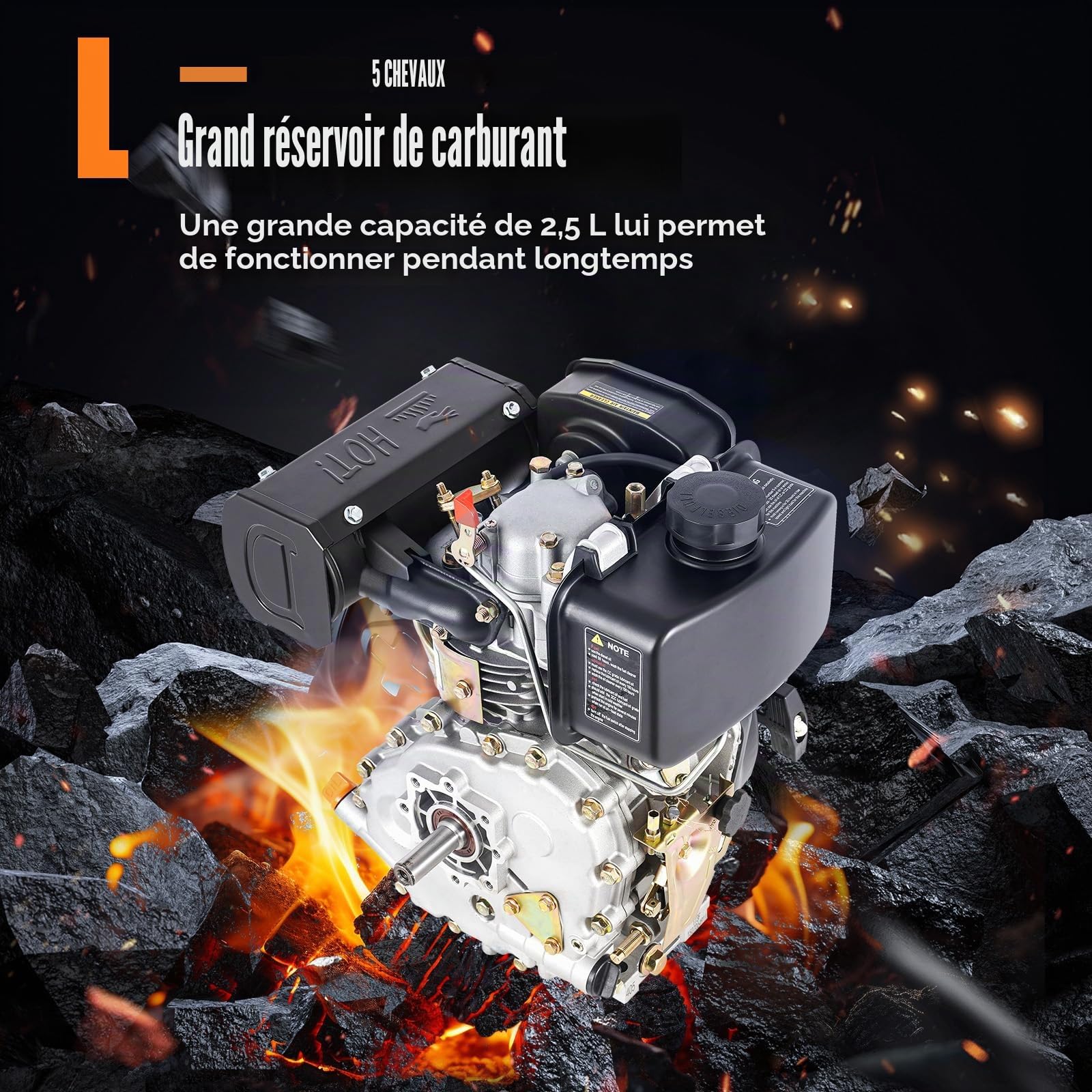 Moteur diesel monocylindre - 5 CV - 4,05 kW - Démarrage manuel - 247 cc - Refroidi par air - Moteur diesel à 4 temps - 3600 tr/min - Diamètre du vilebrequin : 2 cm - Moteur industriel de