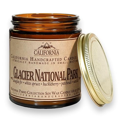 California Handcrafted Glacier National Park All-Natural Soy Wax Candle - Douglas Fir, White Spruce & Huckleberry - 9 oz Amber Jar for Outdoor