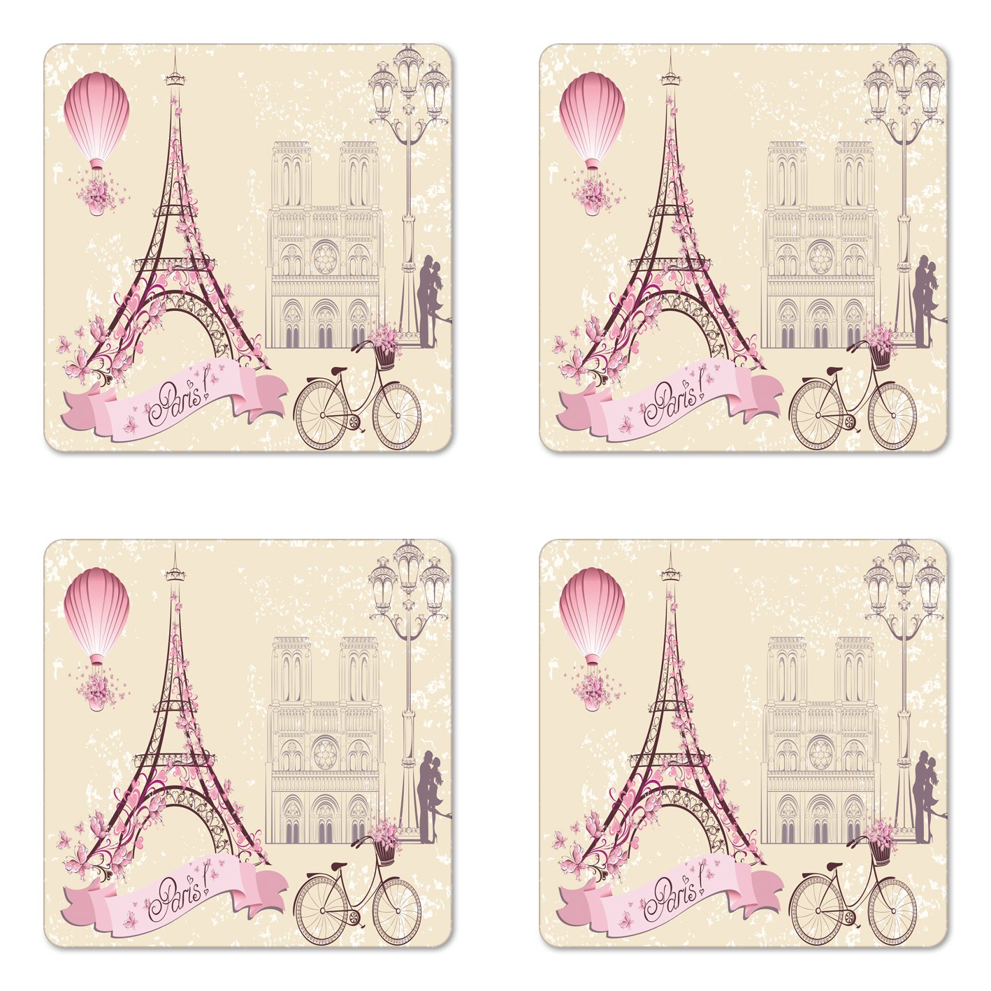 Ambesonne Kiss Coaster Set of 4, Floral Pariss Landmarks Eiffel Tower Hot Air Balloon Bicycle Romantic Couple, Square Hardboard Gloss Coasters, Standard Size, Ivory Pink