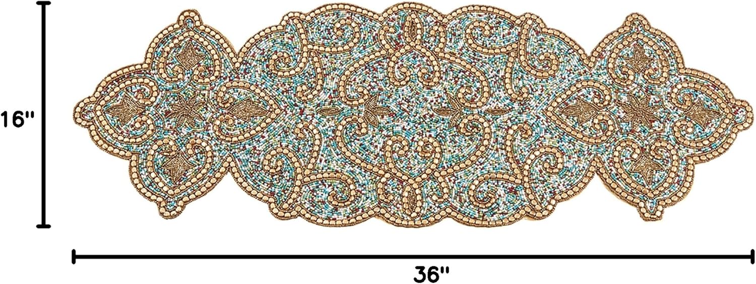Fennco Style Hand Beaded Elegant Design Table Runner 13" W X 36" L - Gold Table Cover for Banquets, Christmas, Special Events and Home Décor