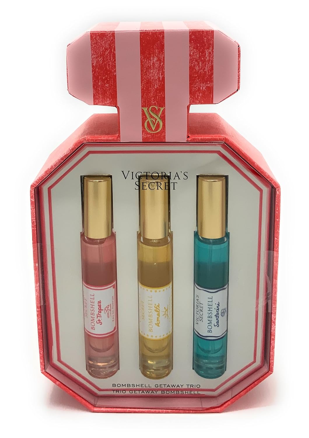 Victoria's Secret Bombshell Eau de Parfum Getaway Trio include: St. Tropez, Amalfi, Santorini Limited Edition .23fl oz each