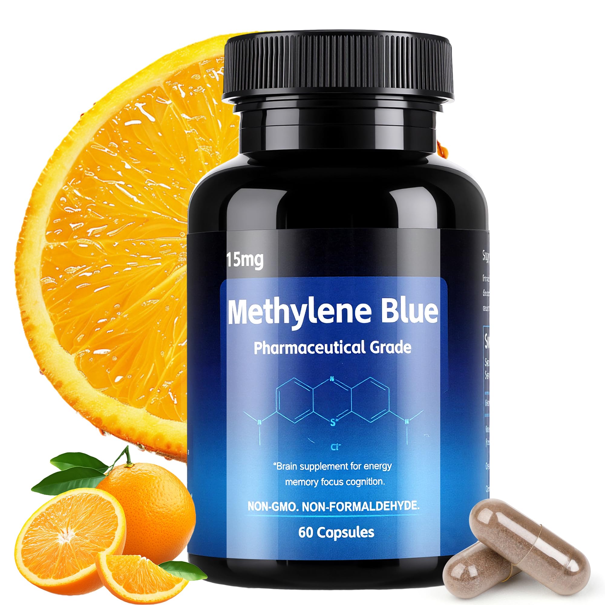 Methylene Blue Capsules, 99% Purity Pharmaceutical Grade Methylene Blue, 60 USP Grade for Improved Brain Absorption Focus Clarity Energy Cognitive Support, Made in USA