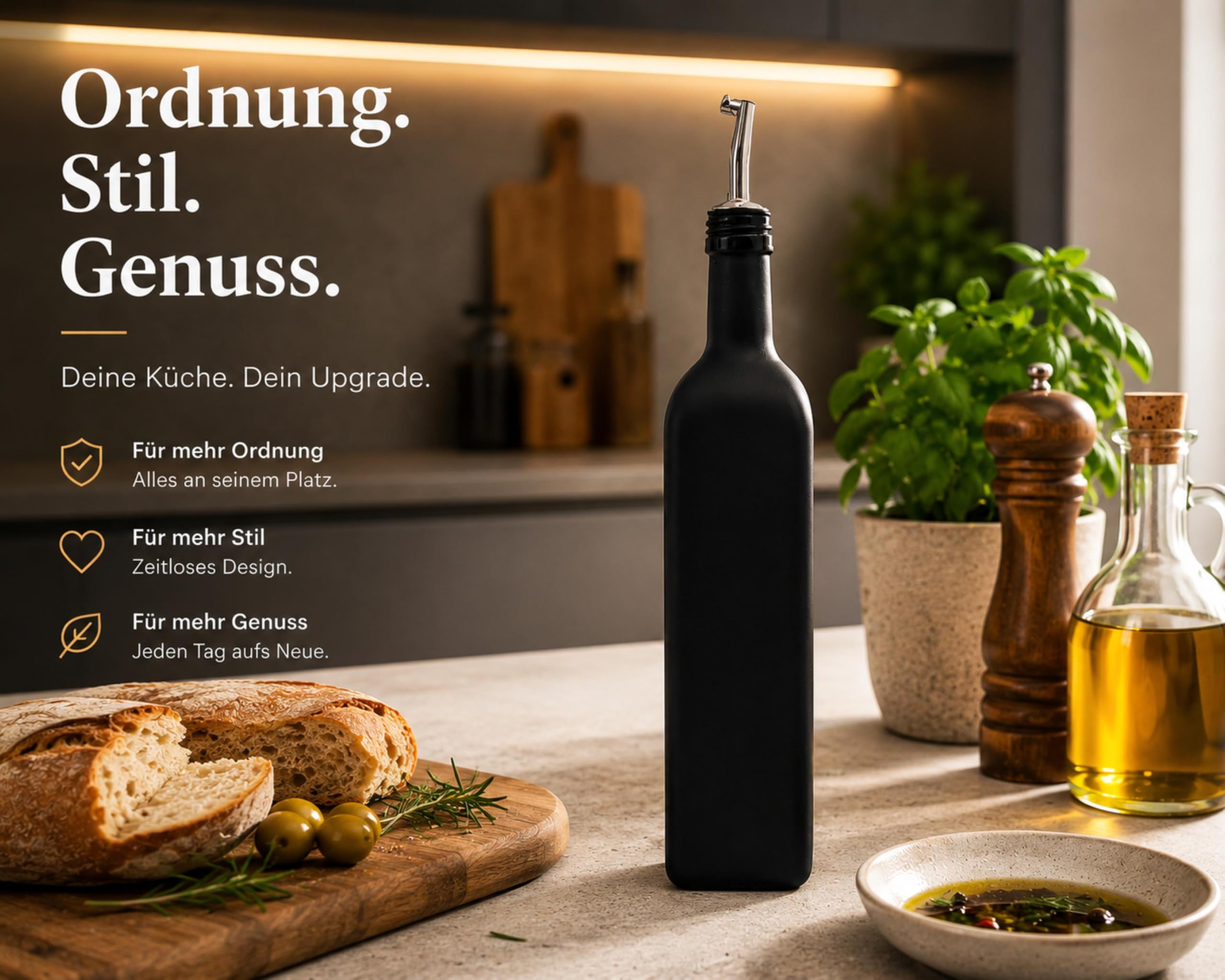 Ölflasche Glas 1L Schwarz Matt mit Edelstahl-Ausgießer, Trichter & Deckel (4x1 Liter)