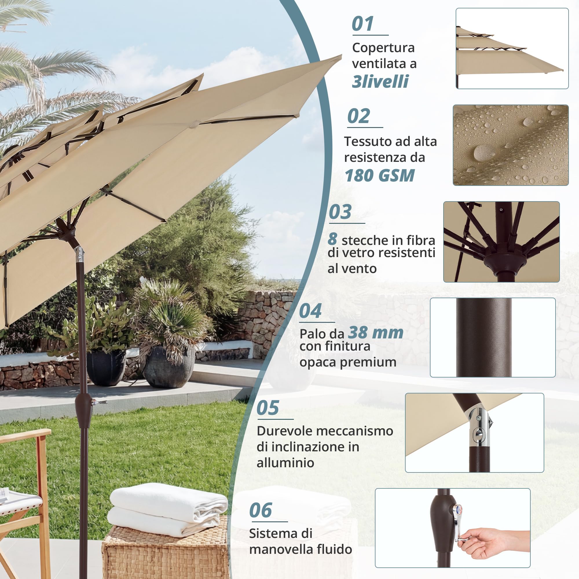 LUE BONA Ombrellone da Giardino 300 cm a 3 Livelli, Parasole Esterno con Inclinazione Regolabile e 8 Stecche in Vetroresina per Patio Piscina Terrazzo Mare