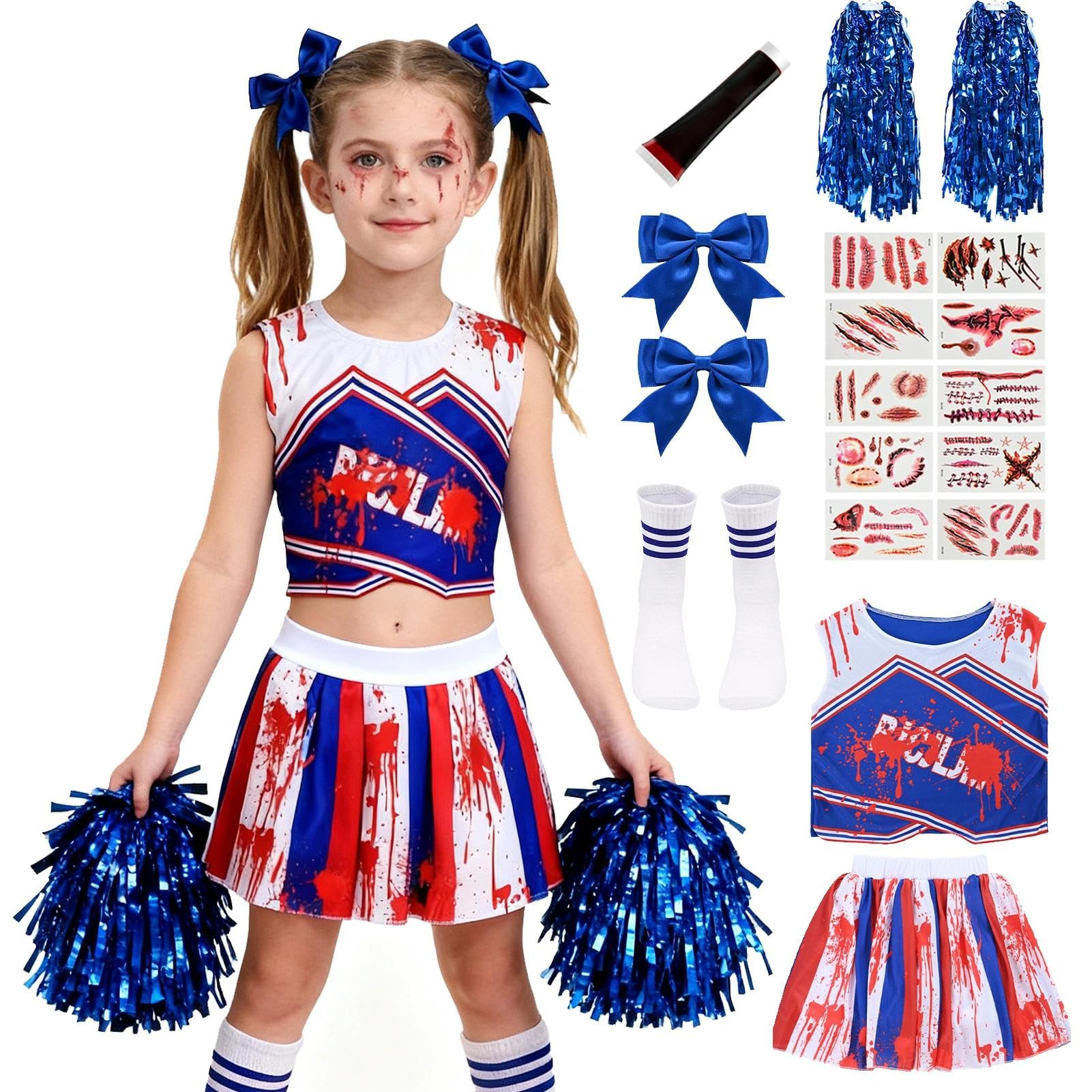 Aleshime Childs Zombie Cheerleader Fancy Dress Girls Halloween Costume Horror Bloody High School Girls Kids Outfit Halloween Dress Up Blue (M(7-8 Years))