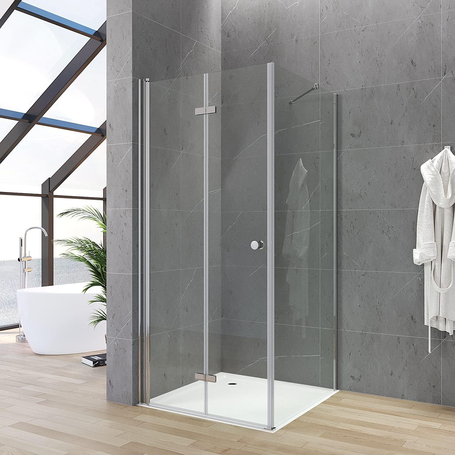 Shower Door with Side Panel 70 x 90 cm Folding Door Swivel Door Shower 70 cm with Fixed Side Panel 90 cm Shower Cubicle Corner Entry Frameless Corner Shower Folding Doors Safety Glass ESG Clear Glass