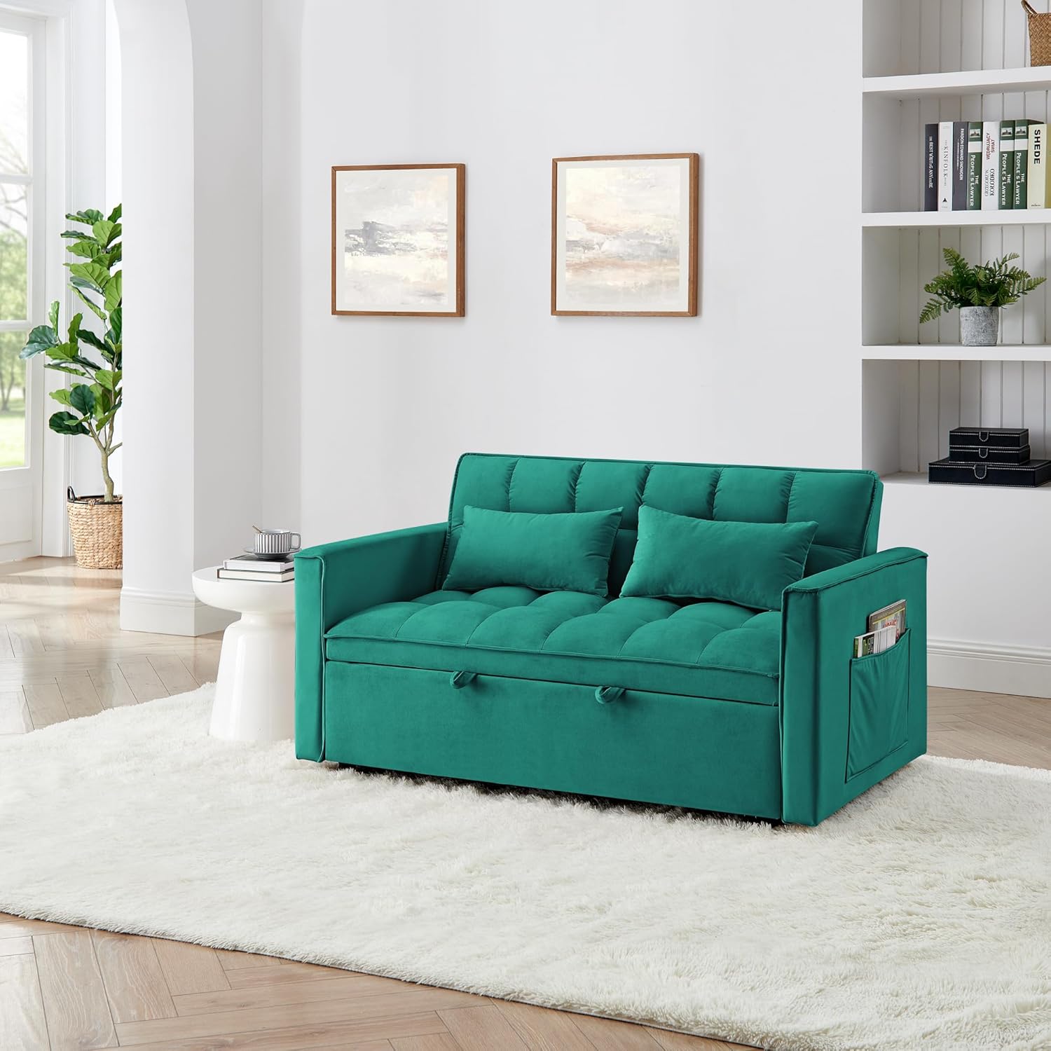 54.33" Space-Saving Sofa Bed: 3-Position Adjustable Back - Sofa to Bed in Seconds for Small Apartments & Guest Rooms - Green Velvet Convertible Couch with Pillows